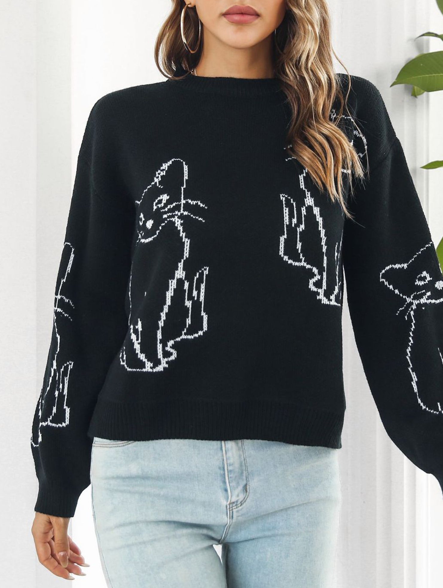 Cat jacquard loose knit sweater for women