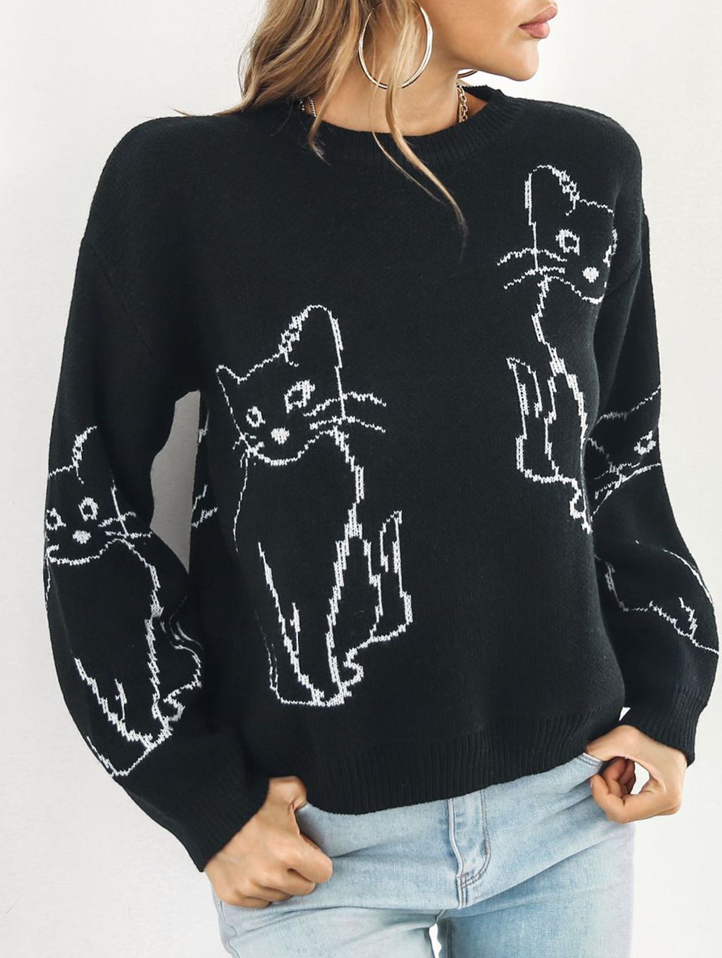Cat jacquard loose knit sweater for women