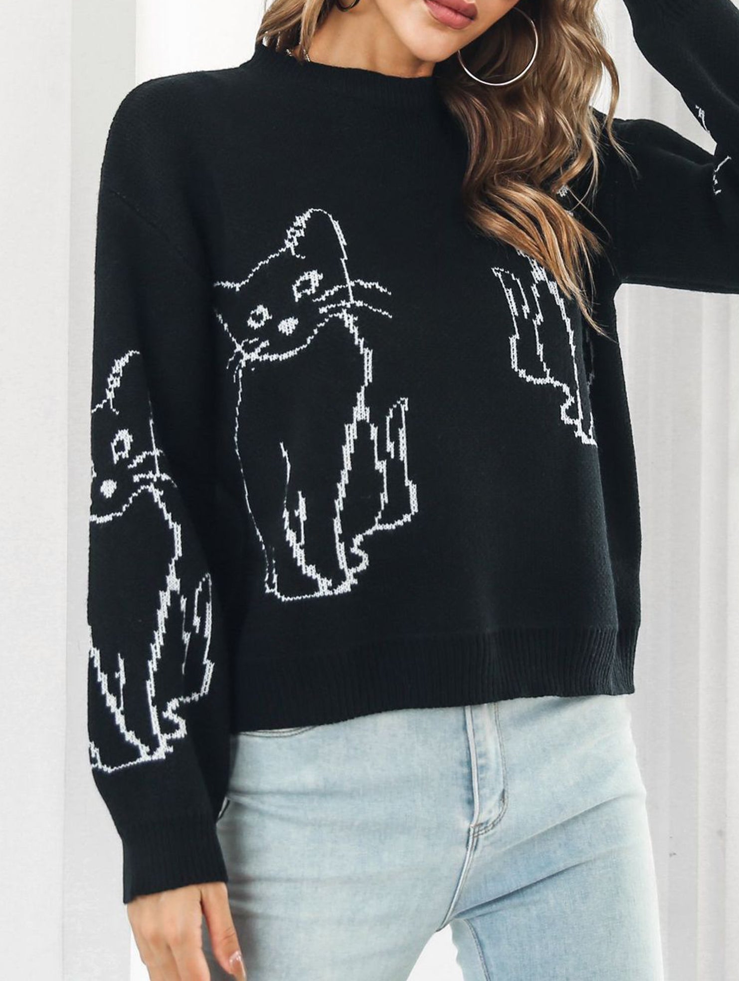 Cat jacquard loose knit sweater for women