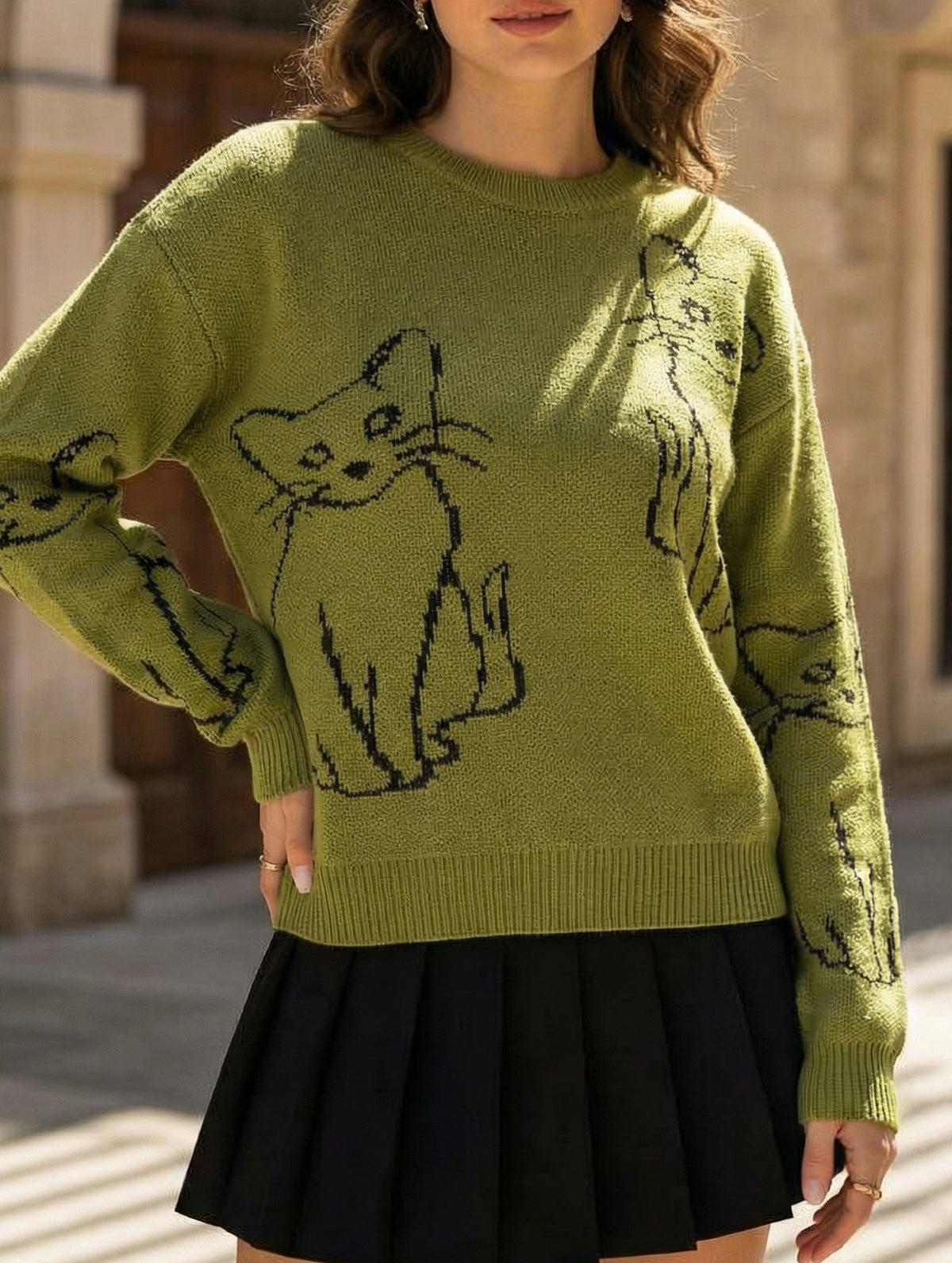 Cat jacquard loose knit sweater for women