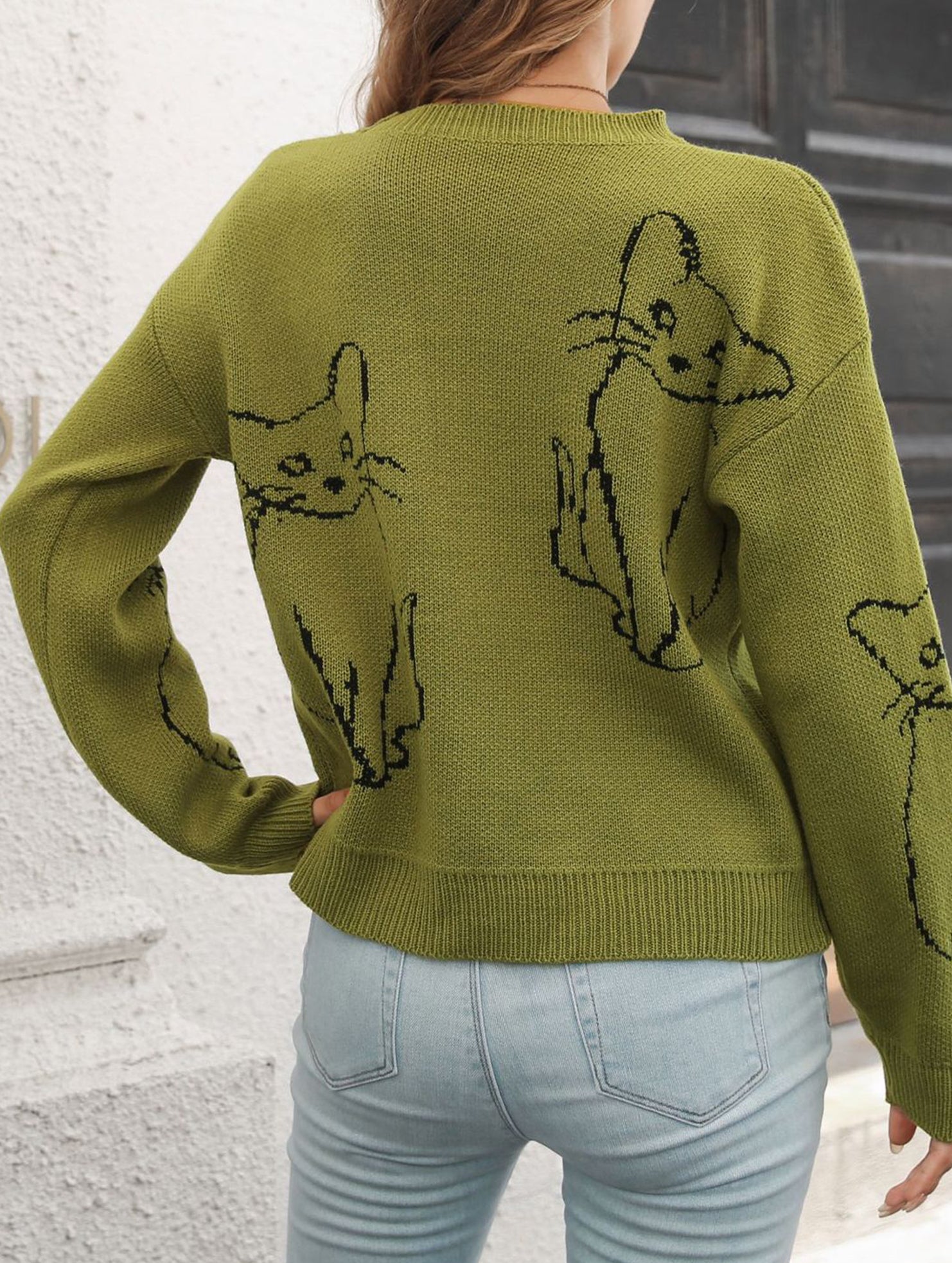 Cat jacquard loose knit sweater for women