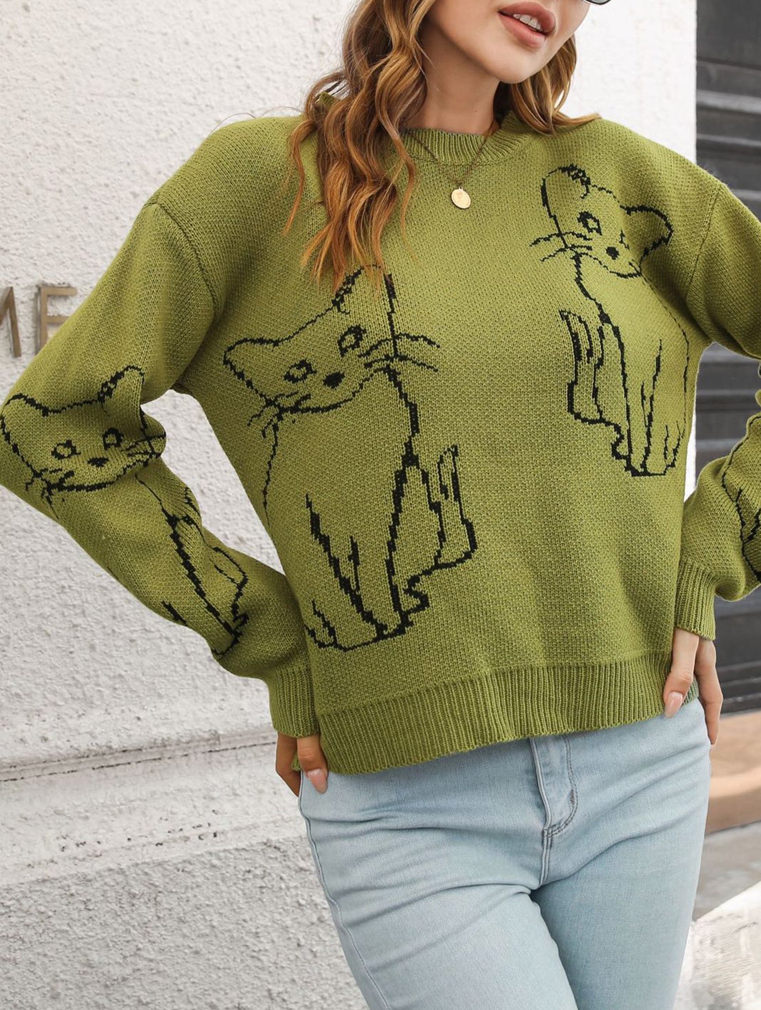 Cat jacquard loose knit sweater for women