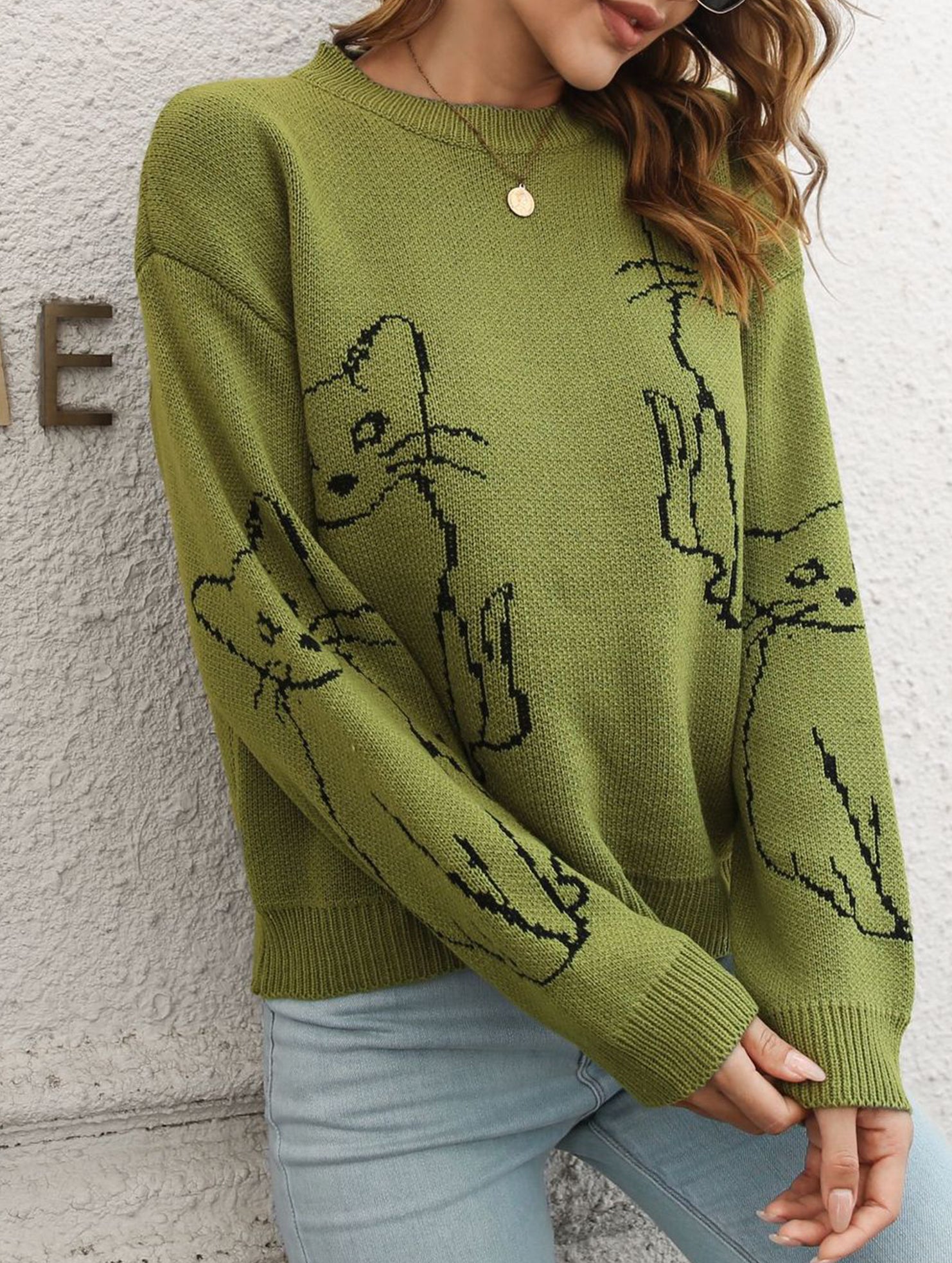 Cat jacquard loose knit sweater for women