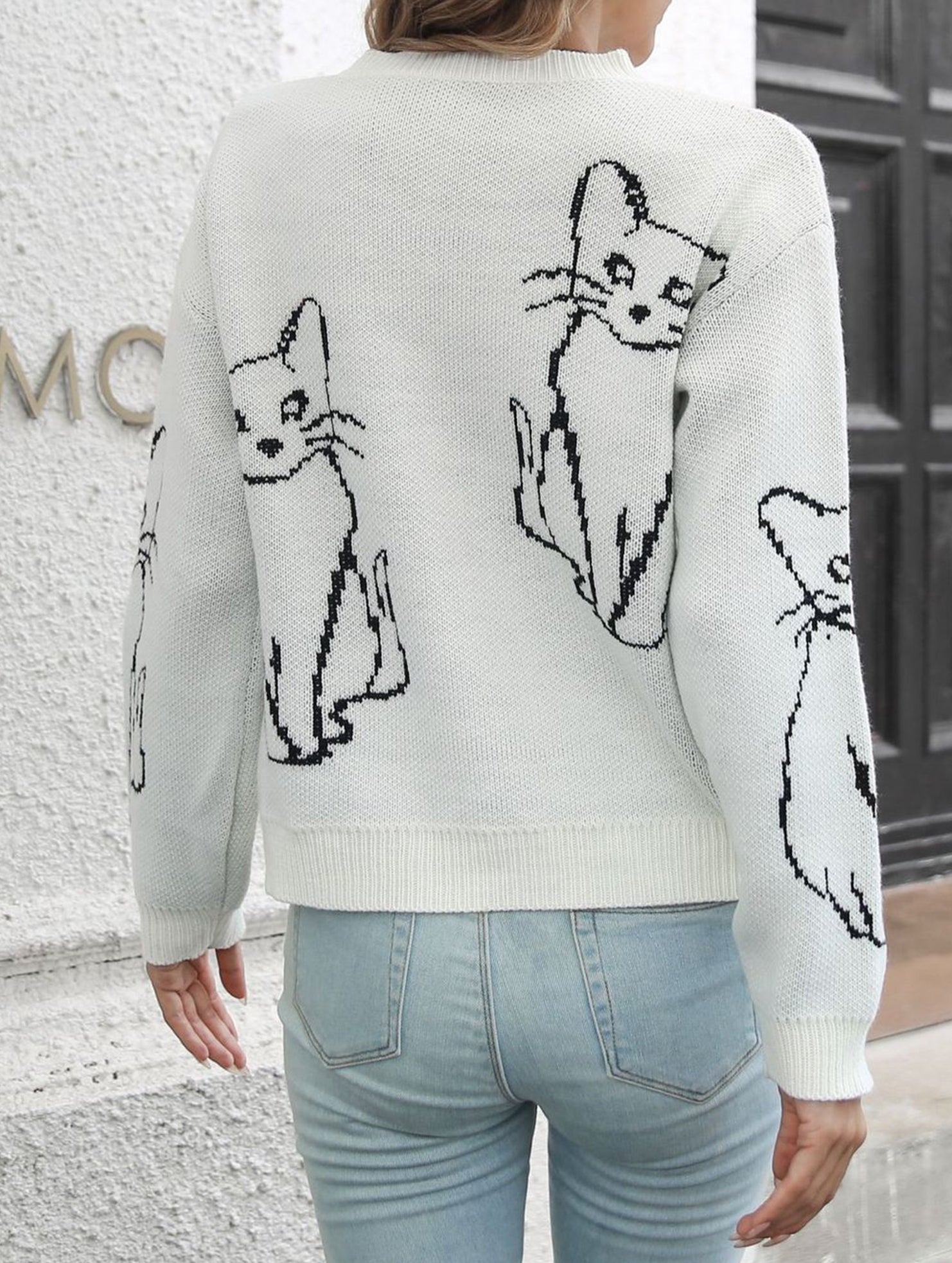 Cat jacquard loose knit sweater for women