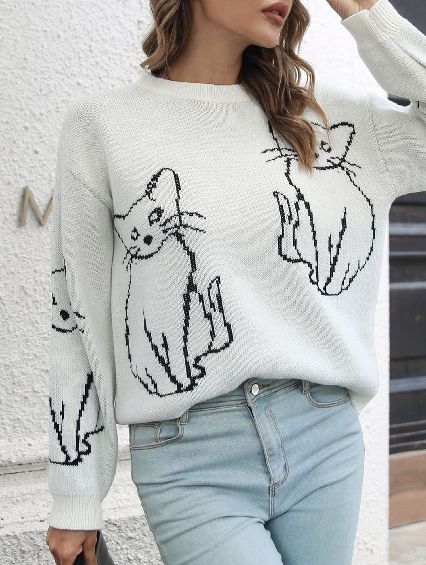 Cat jacquard loose knit sweater for women