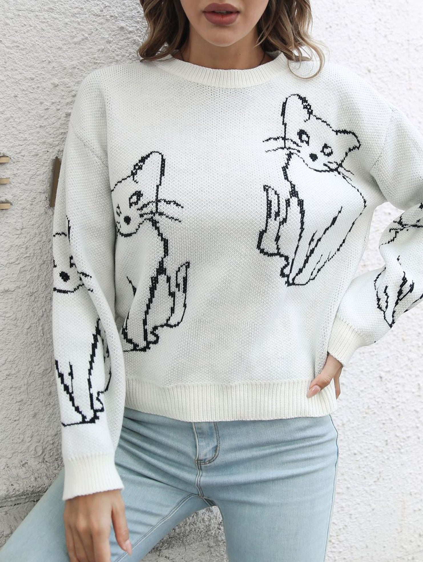 Cat jacquard loose knit sweater for women