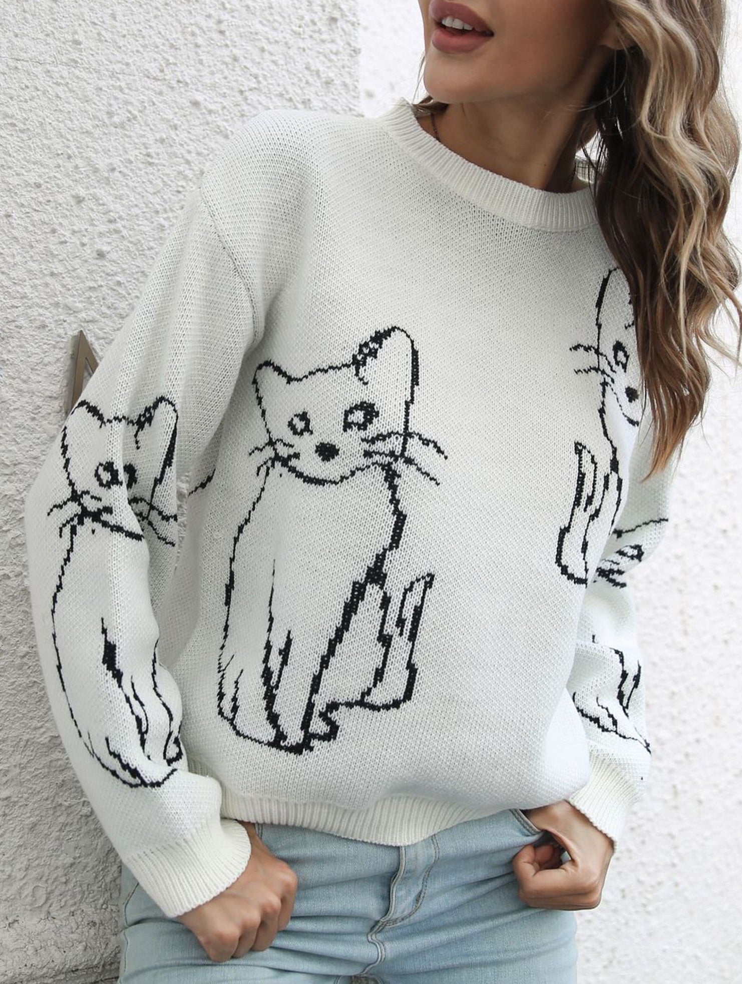 Cat jacquard loose knit sweater for women