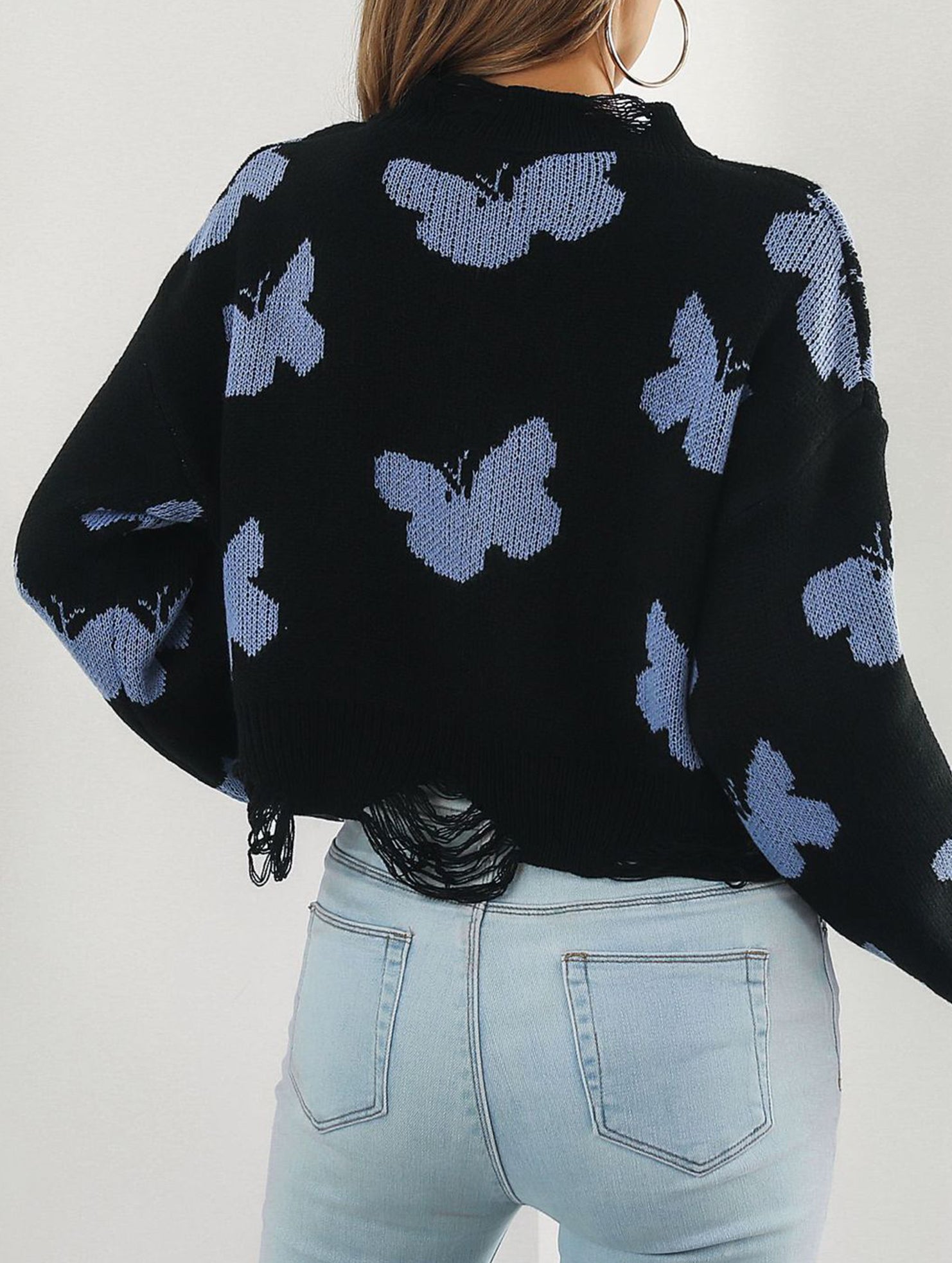 Ripped butterfly jacquard knit sweater for women_CWOSWL09201
