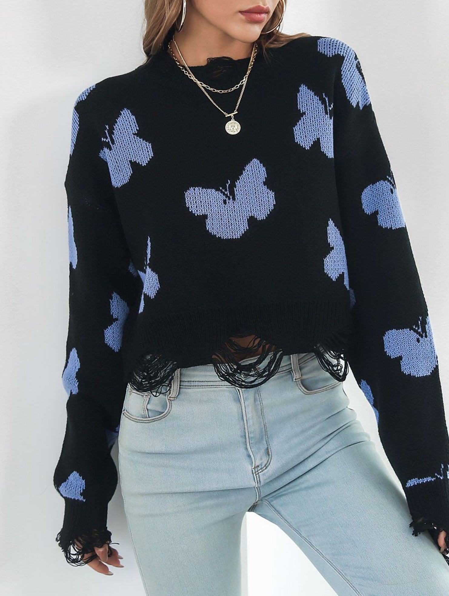 Ripped butterfly jacquard knit sweater for women_CWOSWL09201