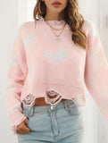 Ripped butterfly jacquard knit sweater for women_CWOSWL09201