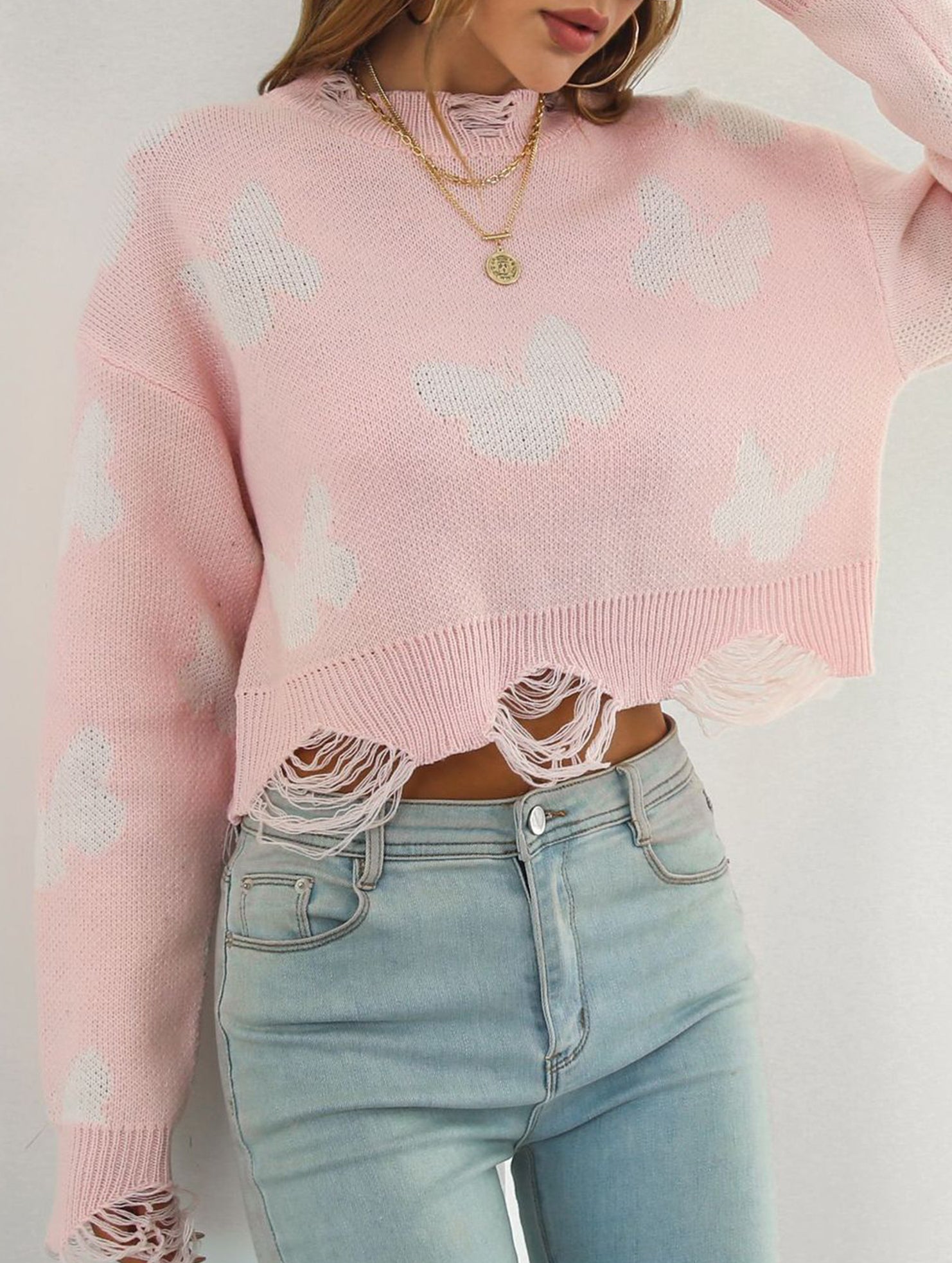 Ripped butterfly jacquard knit sweater for women_CWOSWL09201