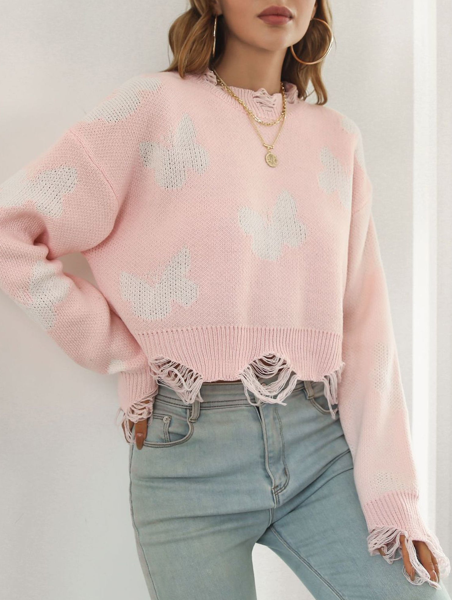 Ripped butterfly jacquard knit sweater for women_CWOSWL09201