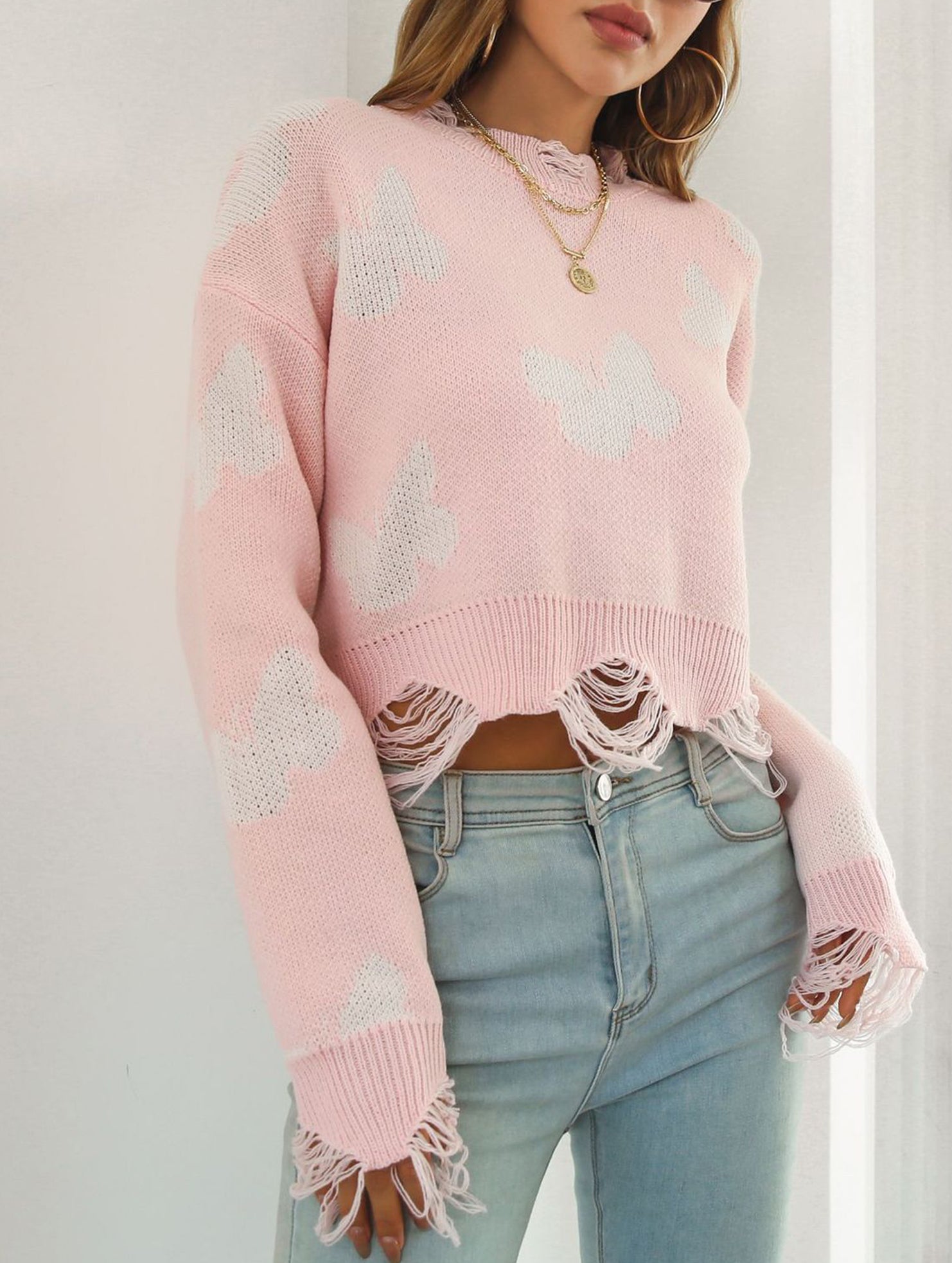 Ripped butterfly jacquard knit sweater for women_CWOSWL09201