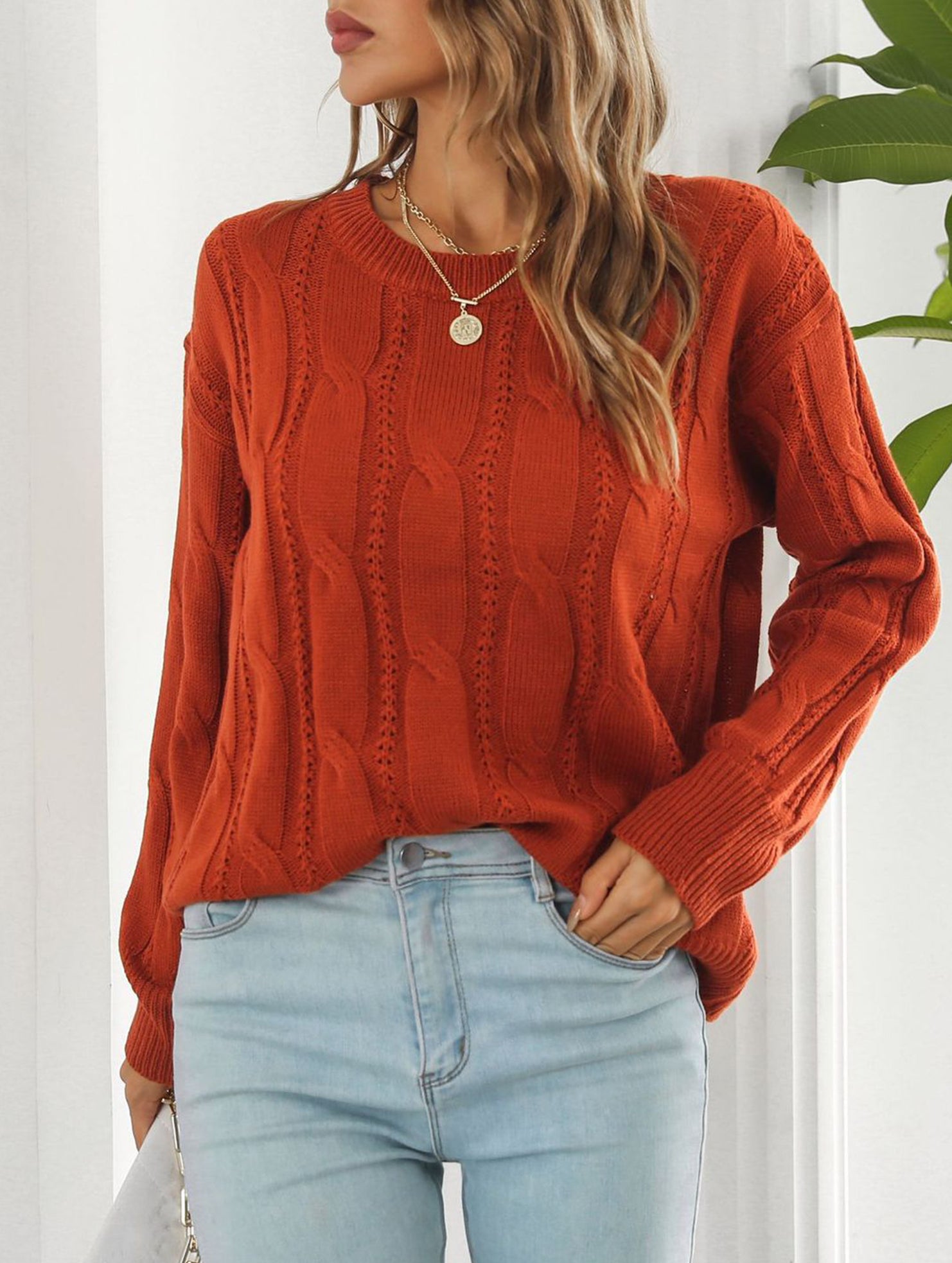 Women's openwork loose casual knit sweater_CWOSWL09204