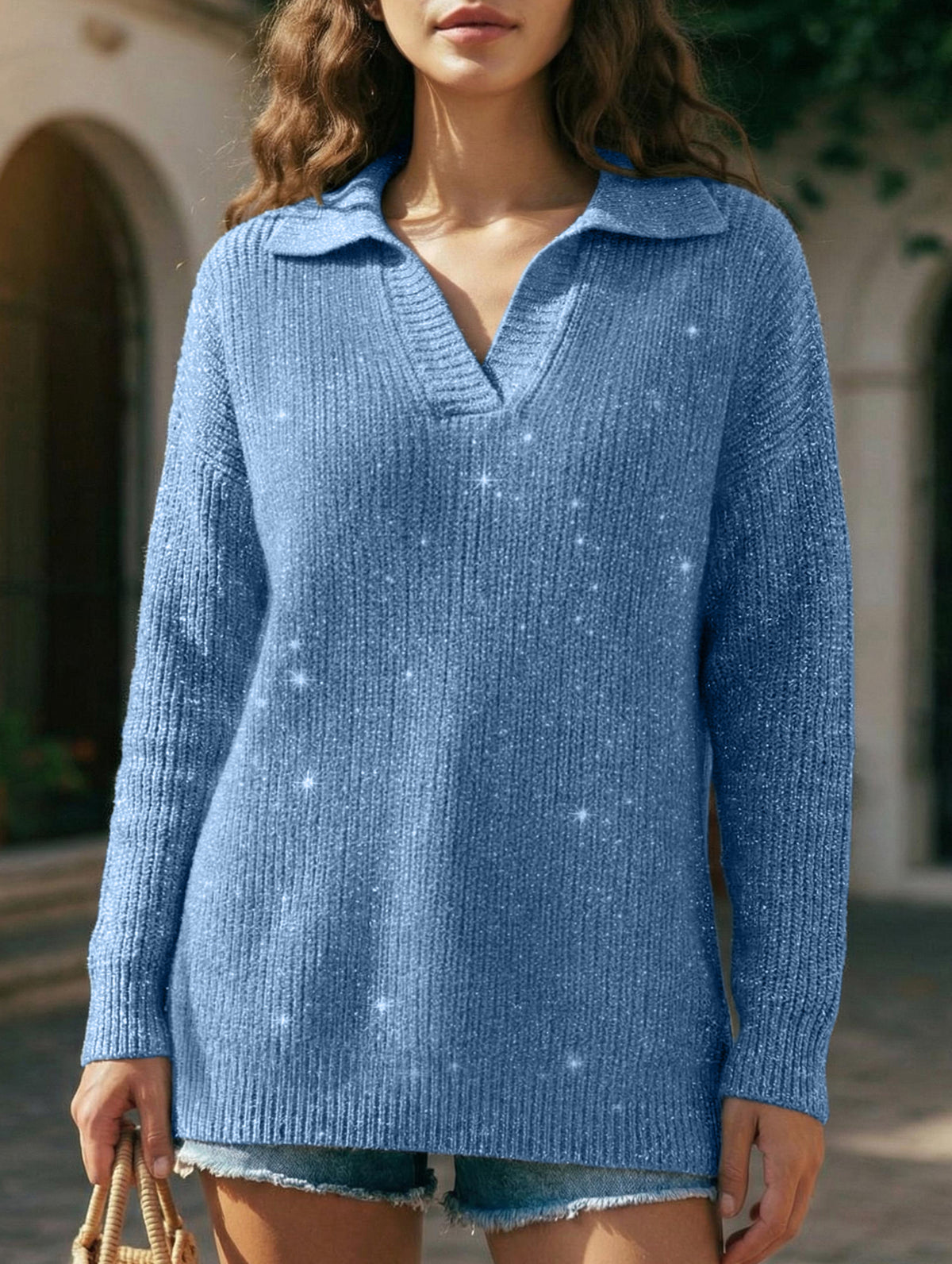 Loose-fitting, silver-threaded, sparkly T-shirt_CWOSWL09205
