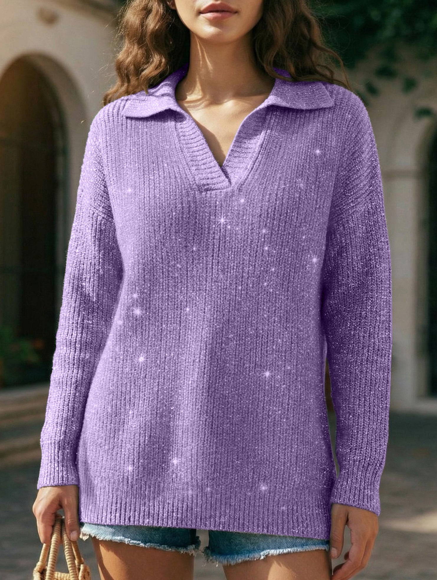 Loose-fitting, silver-threaded, sparkly T-shirt_CWOSWL09205