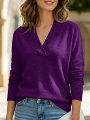 V-neck solid color loose long-sleeved top for women_CWOSWL09206