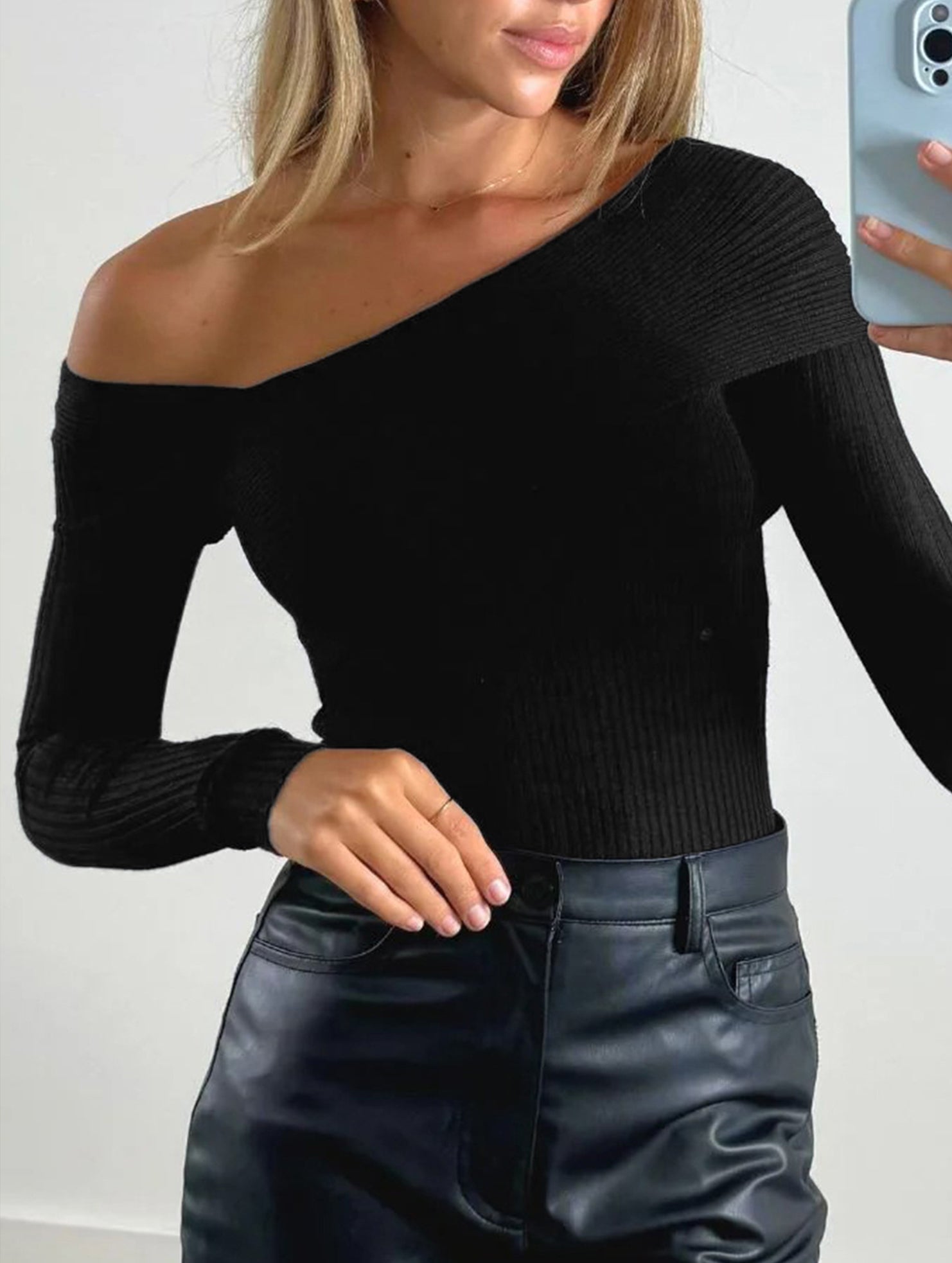 Off Shoulder Solid Color Knit Sweater