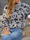 Leopard Knit Pullover Sweater with Side Slit