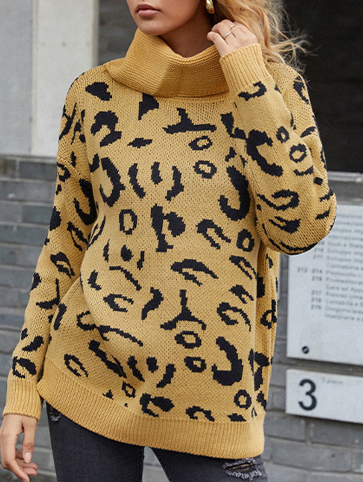 Leopard Knit Pullover Sweater with Side Slit