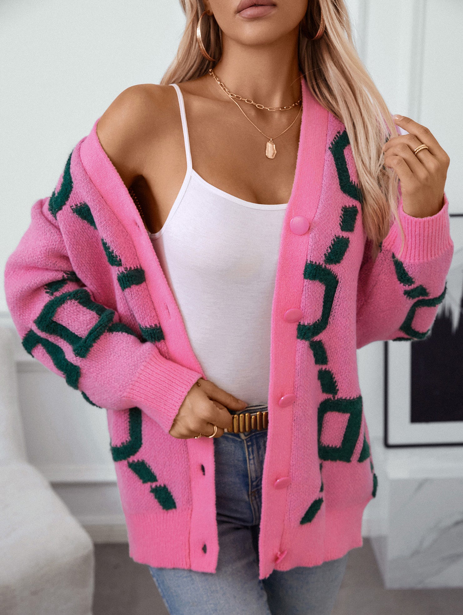 Letter Embroidered Button Knit Long Cardigan
