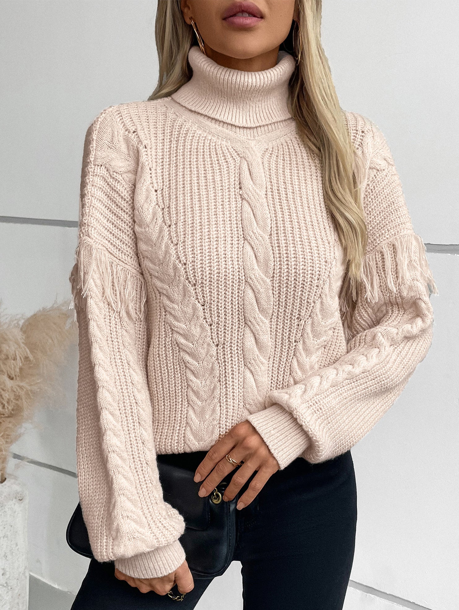 Fringe Cable Knit Collar Pullover Sweater