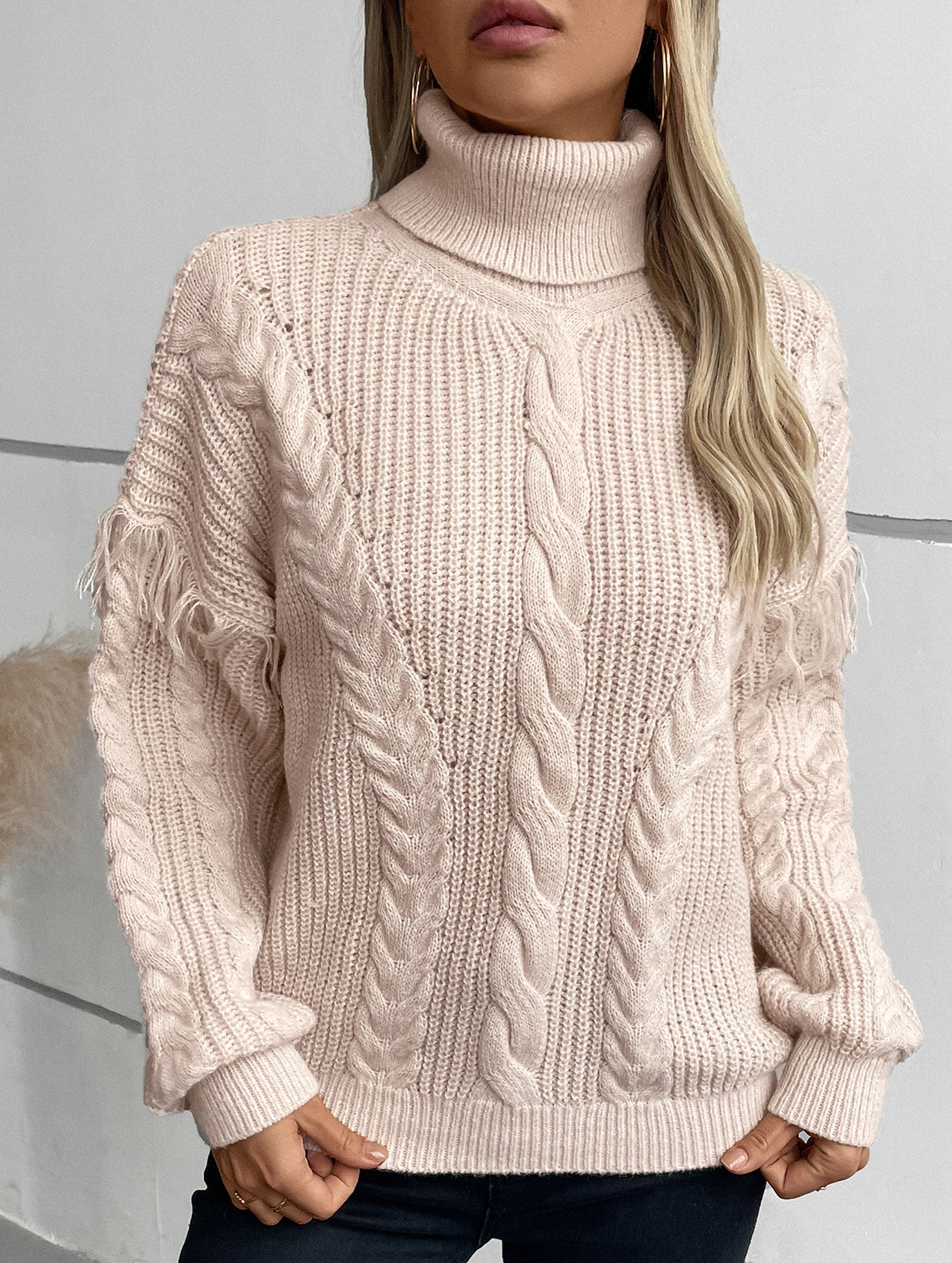 Fringe Cable Knit Collar Pullover Sweater