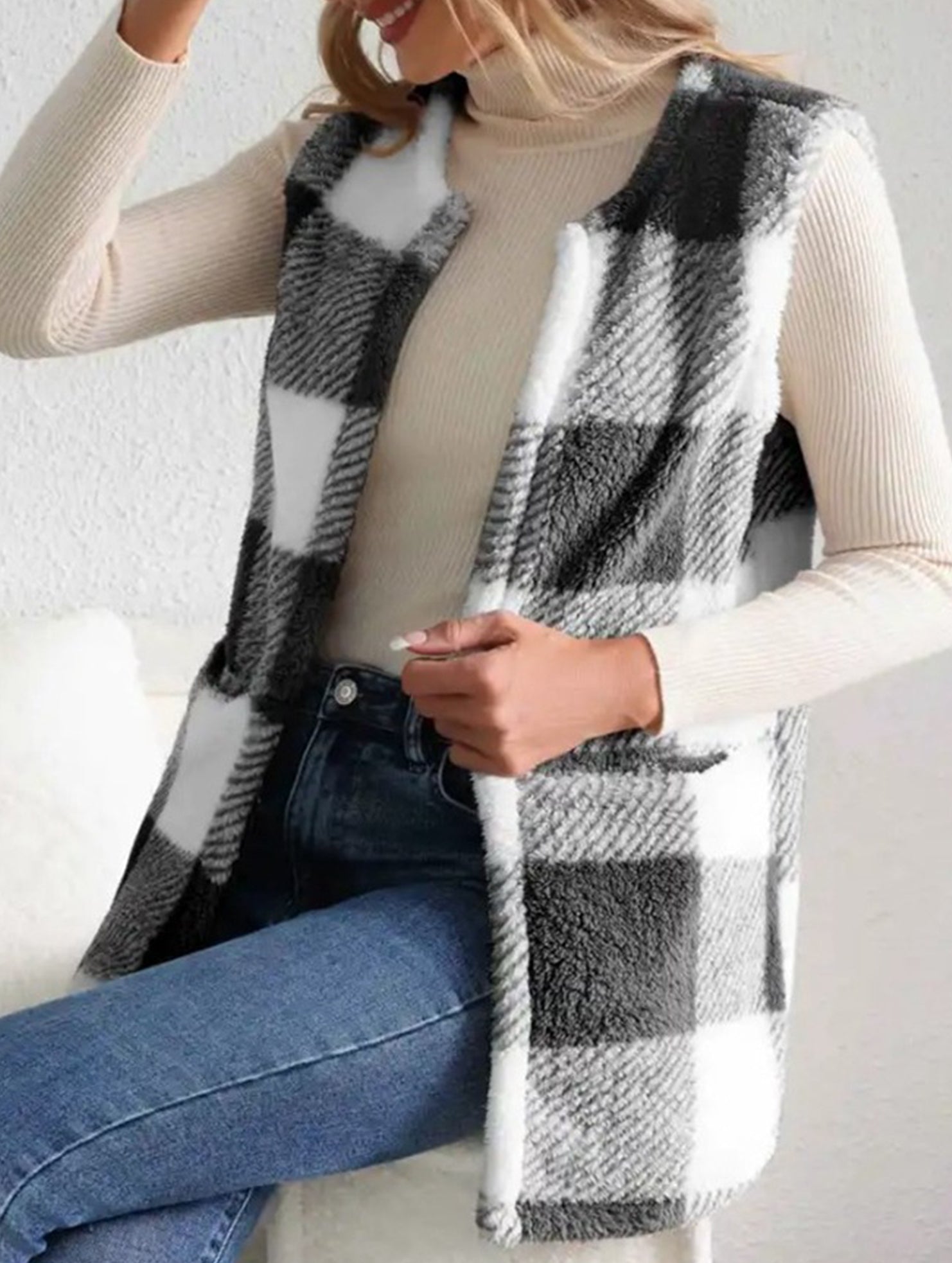 Simple loose plaid cardigan jacket