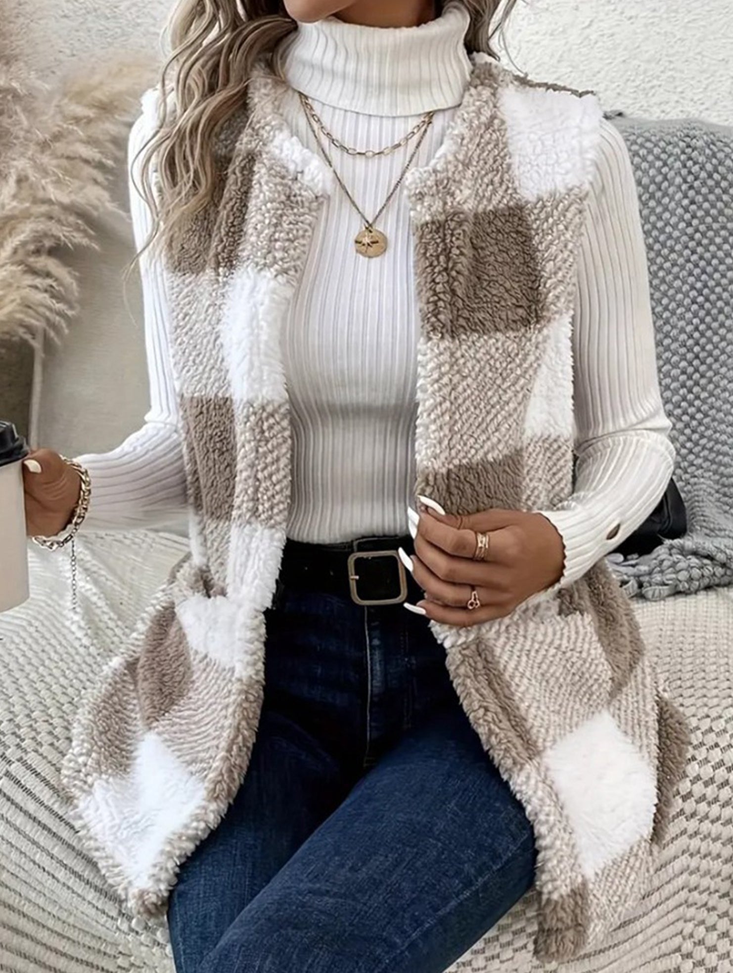 Simple loose plaid cardigan jacket