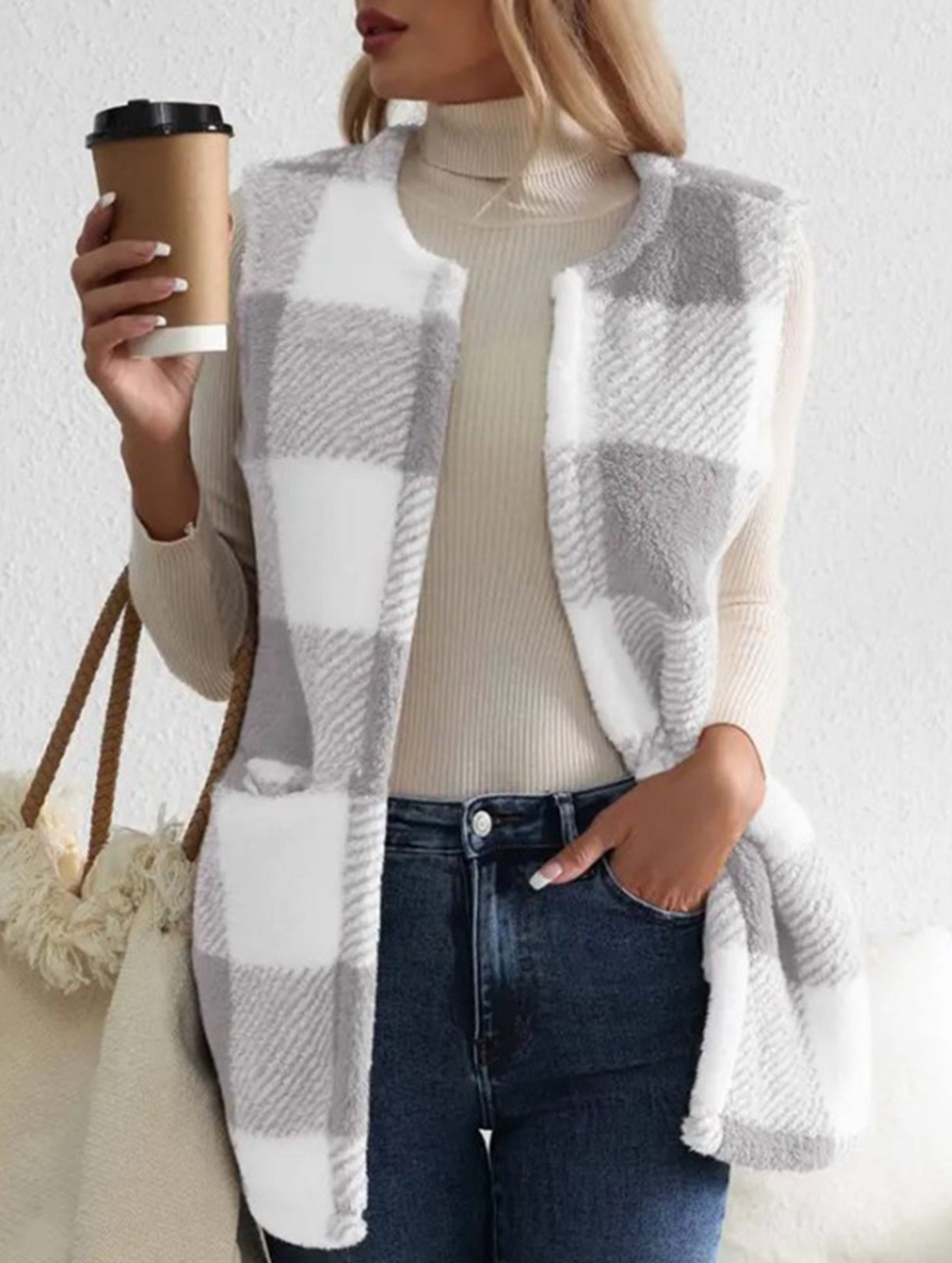 Simple loose plaid cardigan jacket