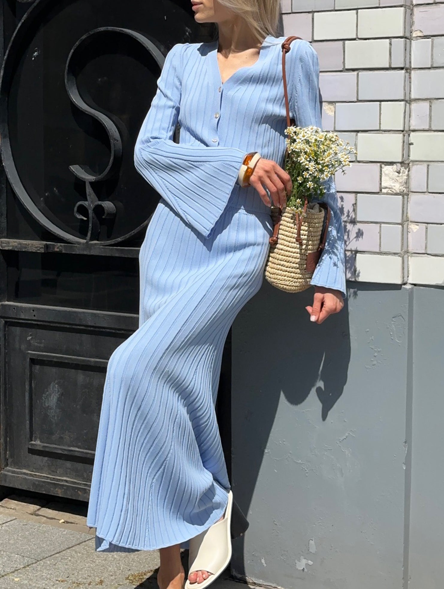 Versatile V-neck cardigan slim maxi dress