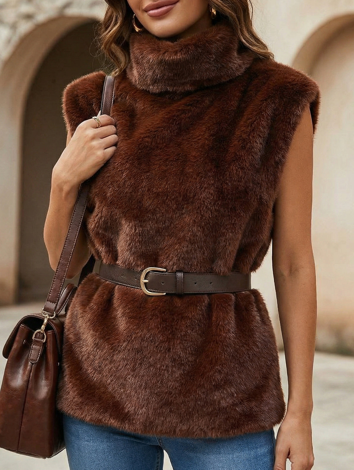 Luxury style turtleneck plush vest_CWOV00318
