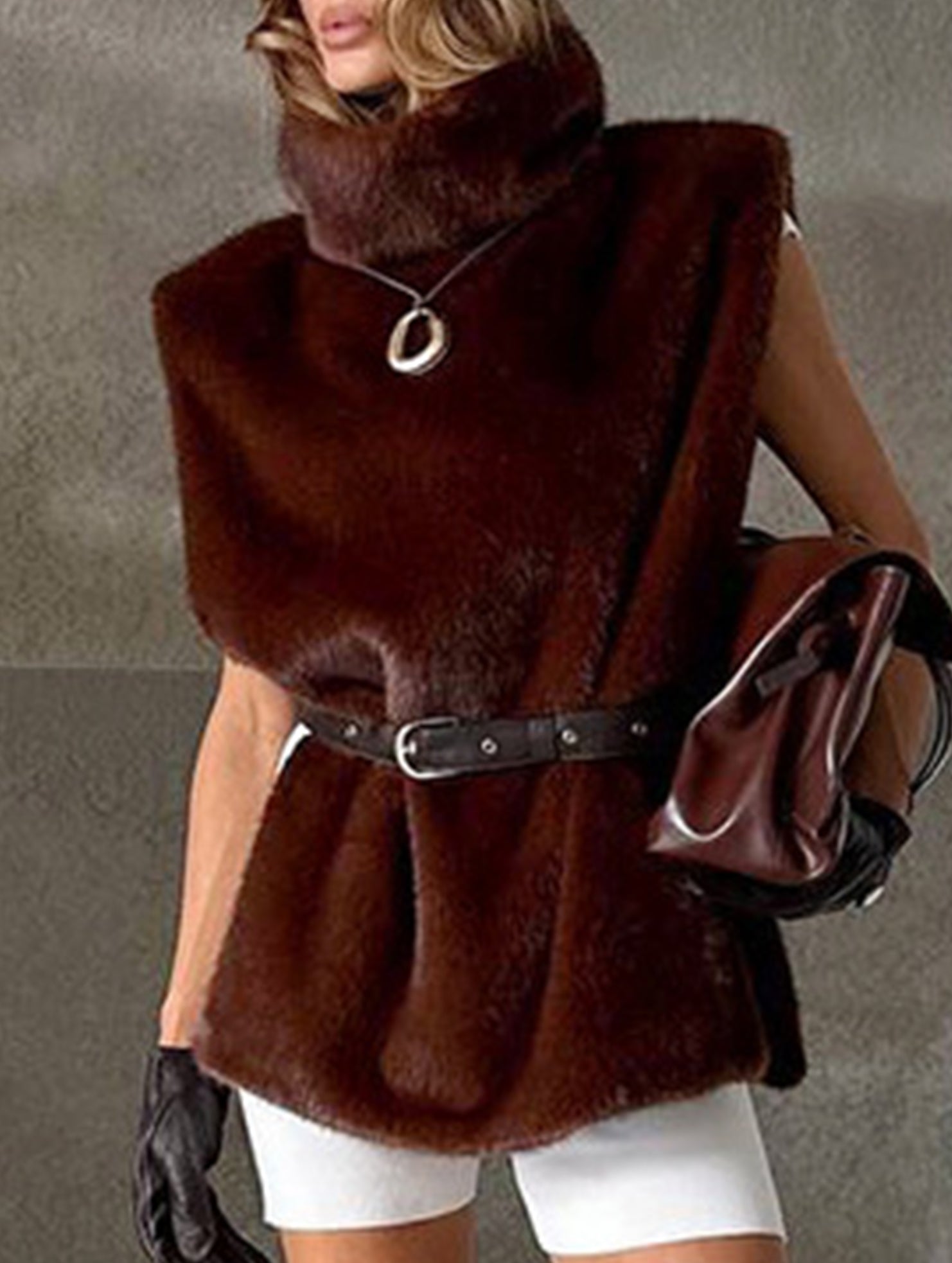 Luxury style turtleneck plush vest_CWOV00318