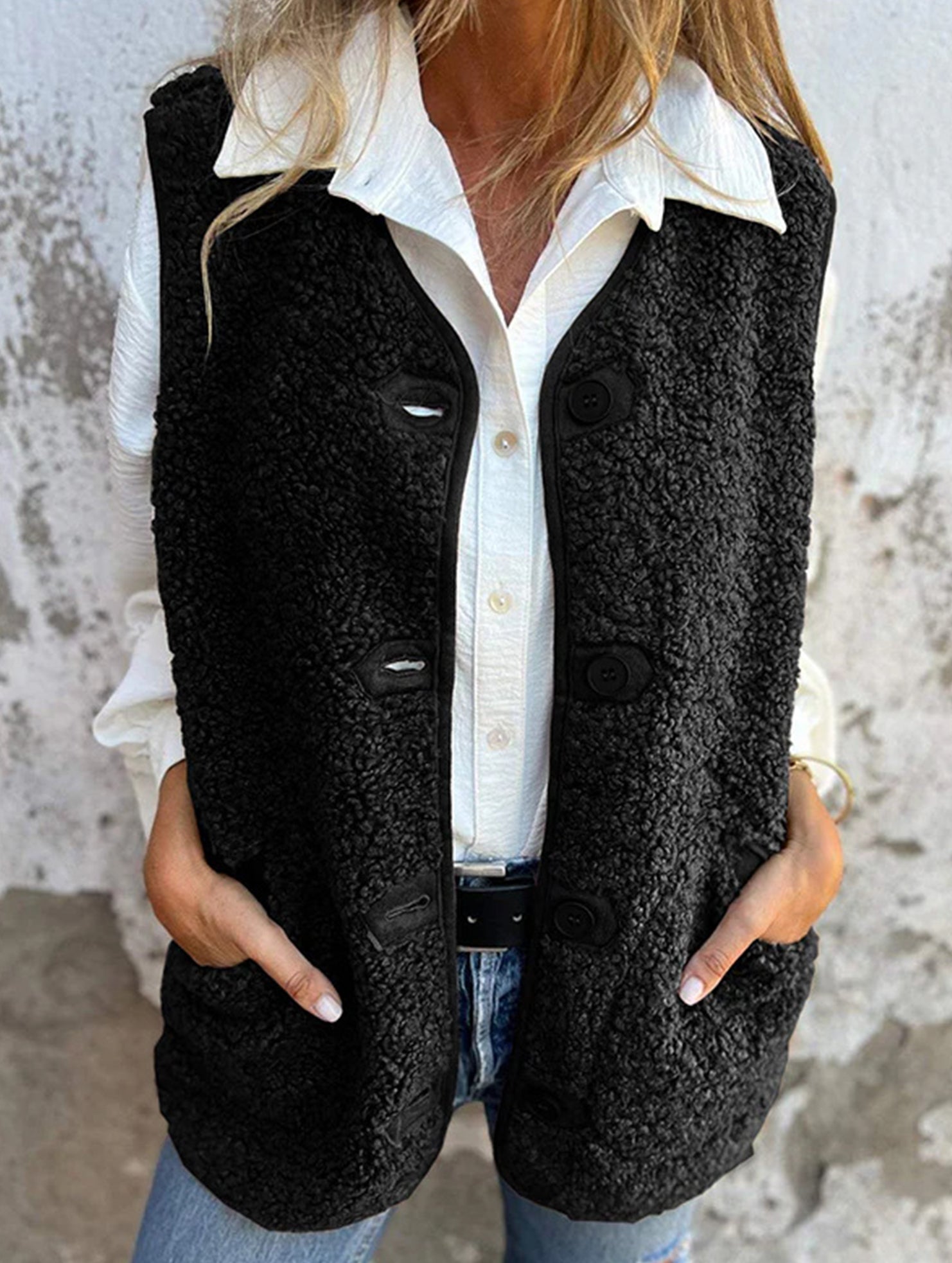 Fleece button vest jacket_CWOV00319