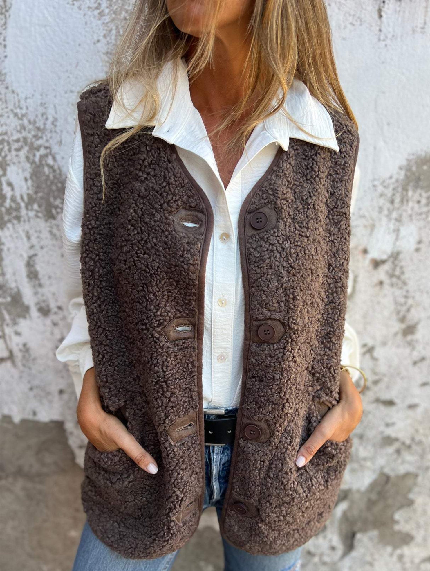 Fleece button vest jacket_CWOV00319