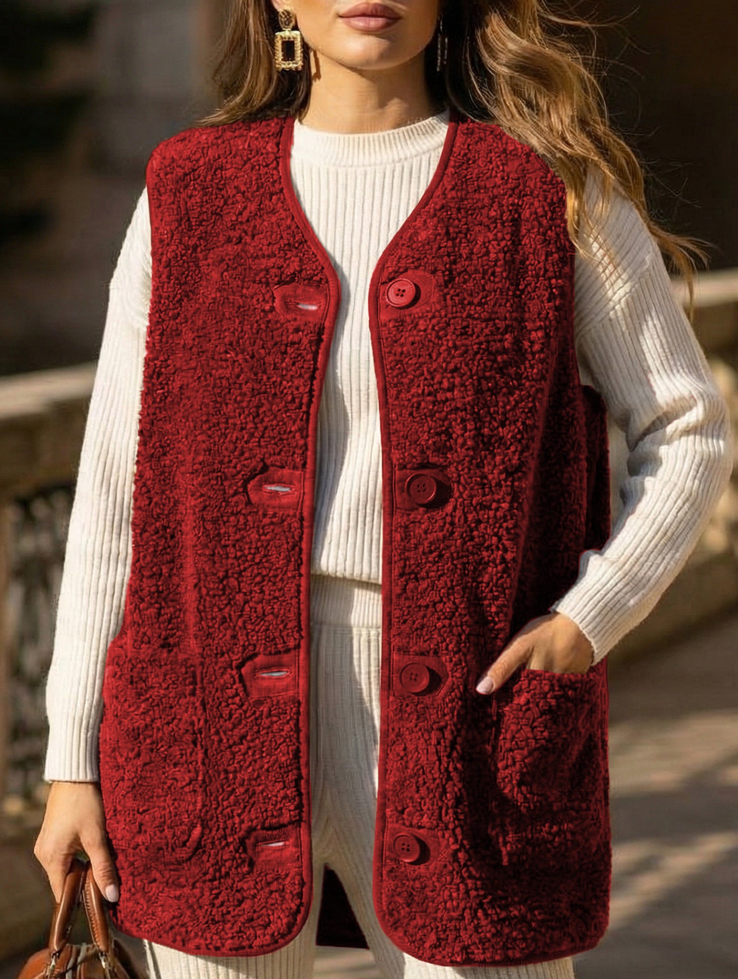 Fleece button vest jacket_CWOV00319