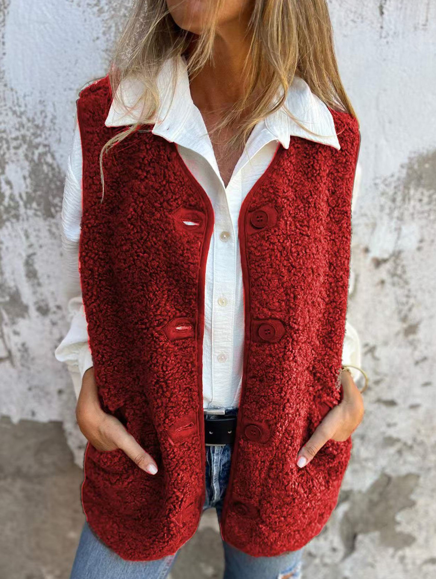 Fleece button vest jacket_CWOV00319