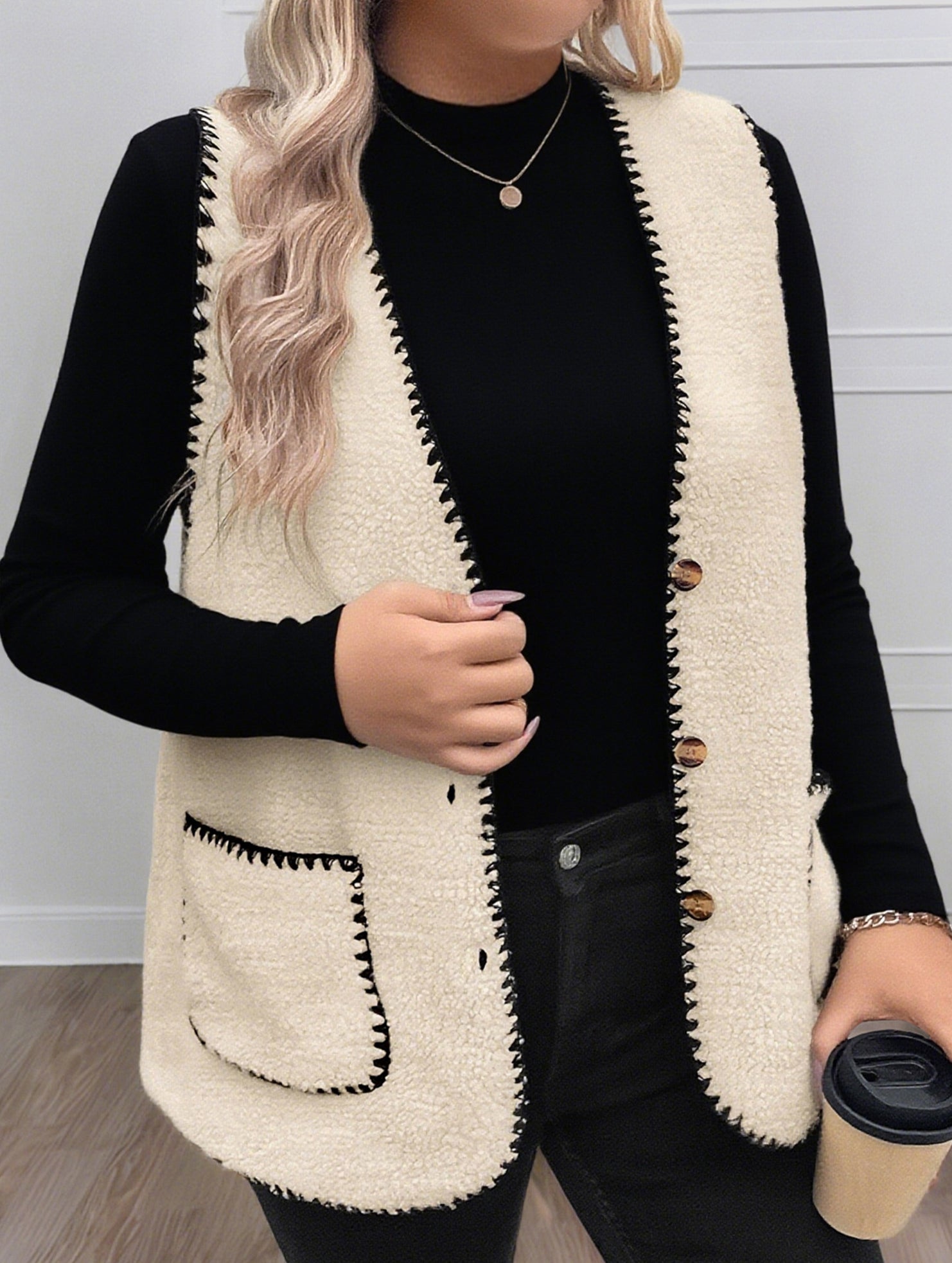 V Neck Loose Teddy Fleece Vest for Women_CWOV00335
