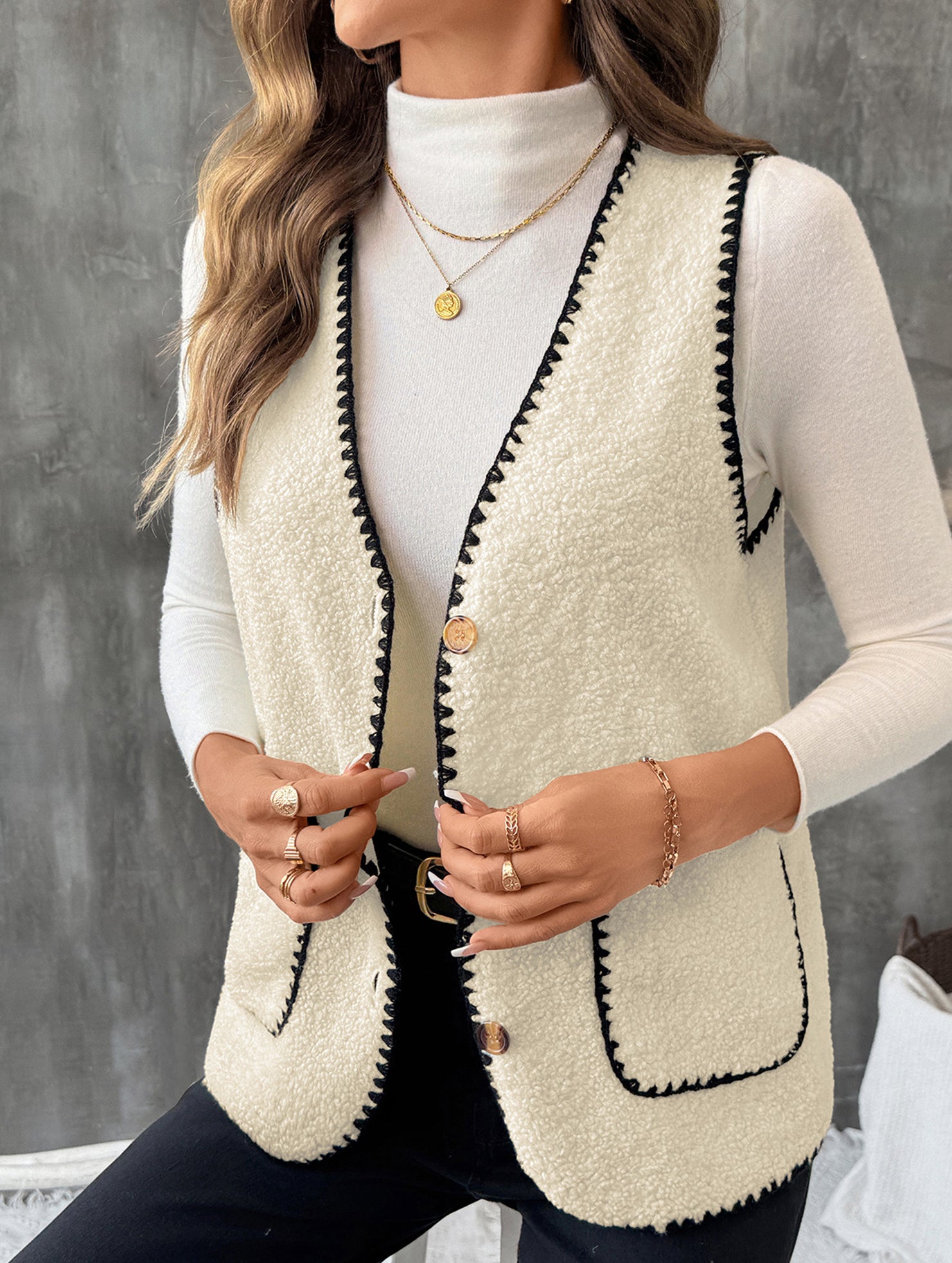 V Neck Loose Teddy Fleece Vest for Women_CWOV00335