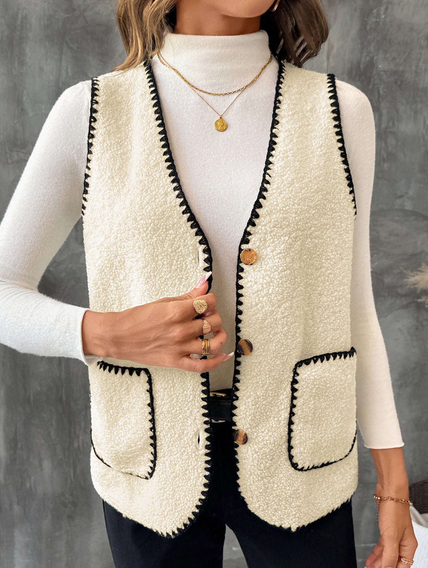 V Neck Loose Teddy Fleece Vest for Women_CWOV00335