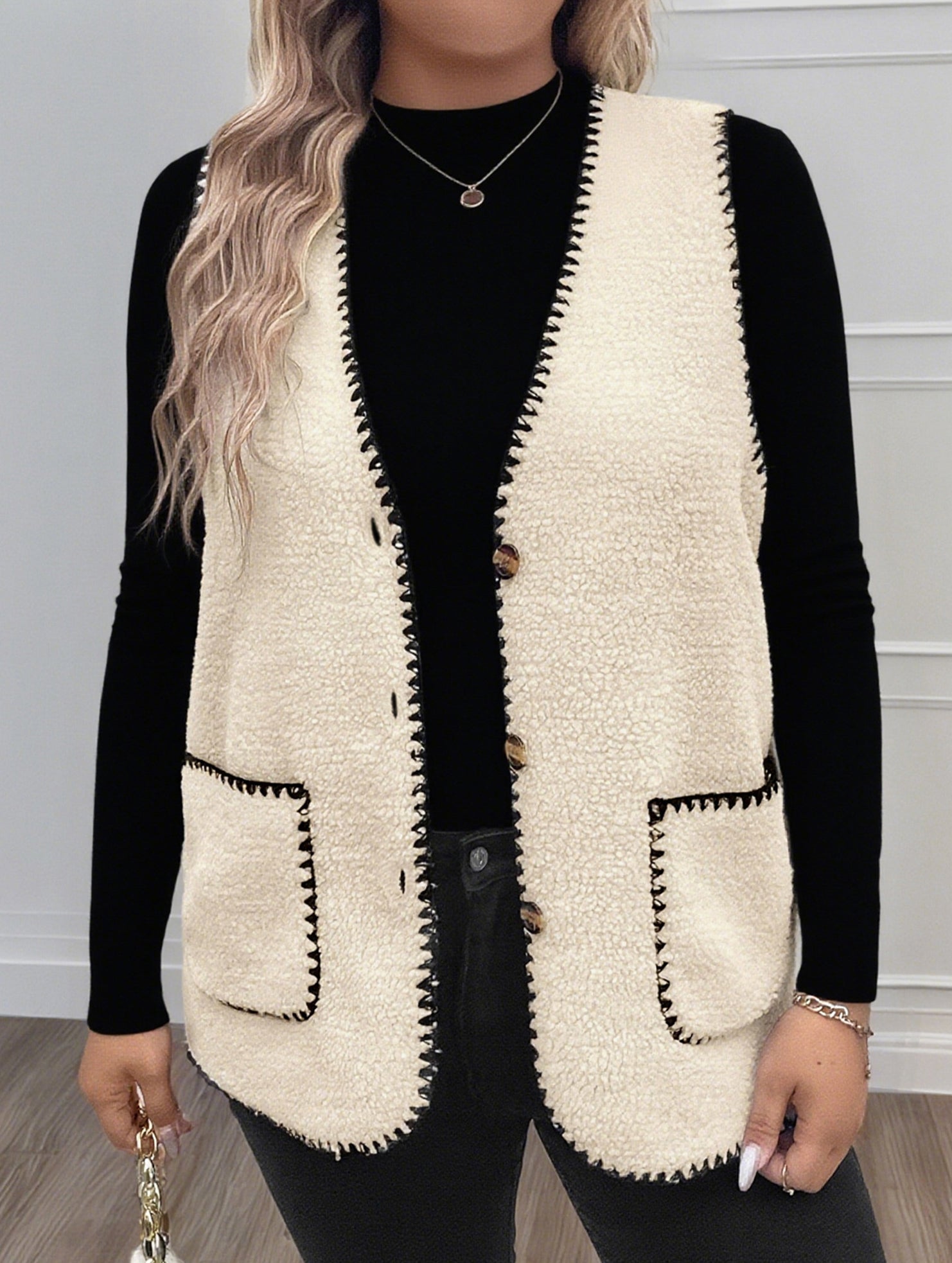 V Neck Loose Teddy Fleece Vest for Women_CWOV00335