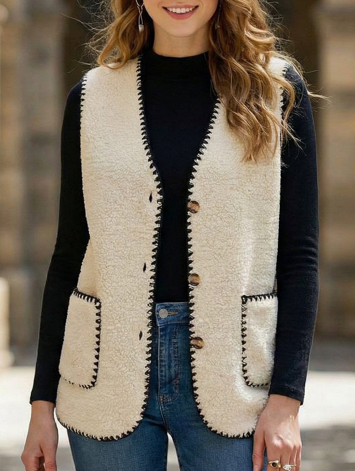 V Neck Loose Teddy Fleece Vest for Women_CWOV00335