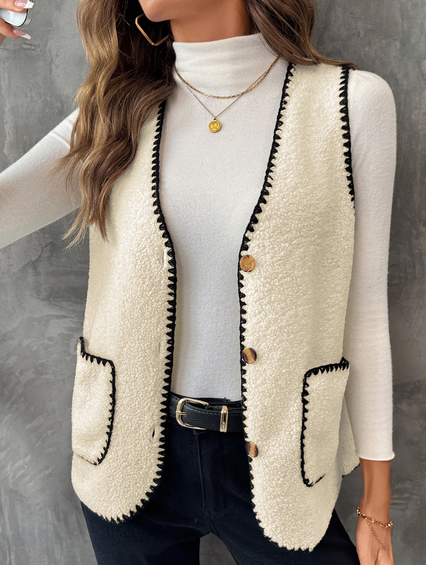 V Neck Loose Teddy Fleece Vest for Women_CWOV00335