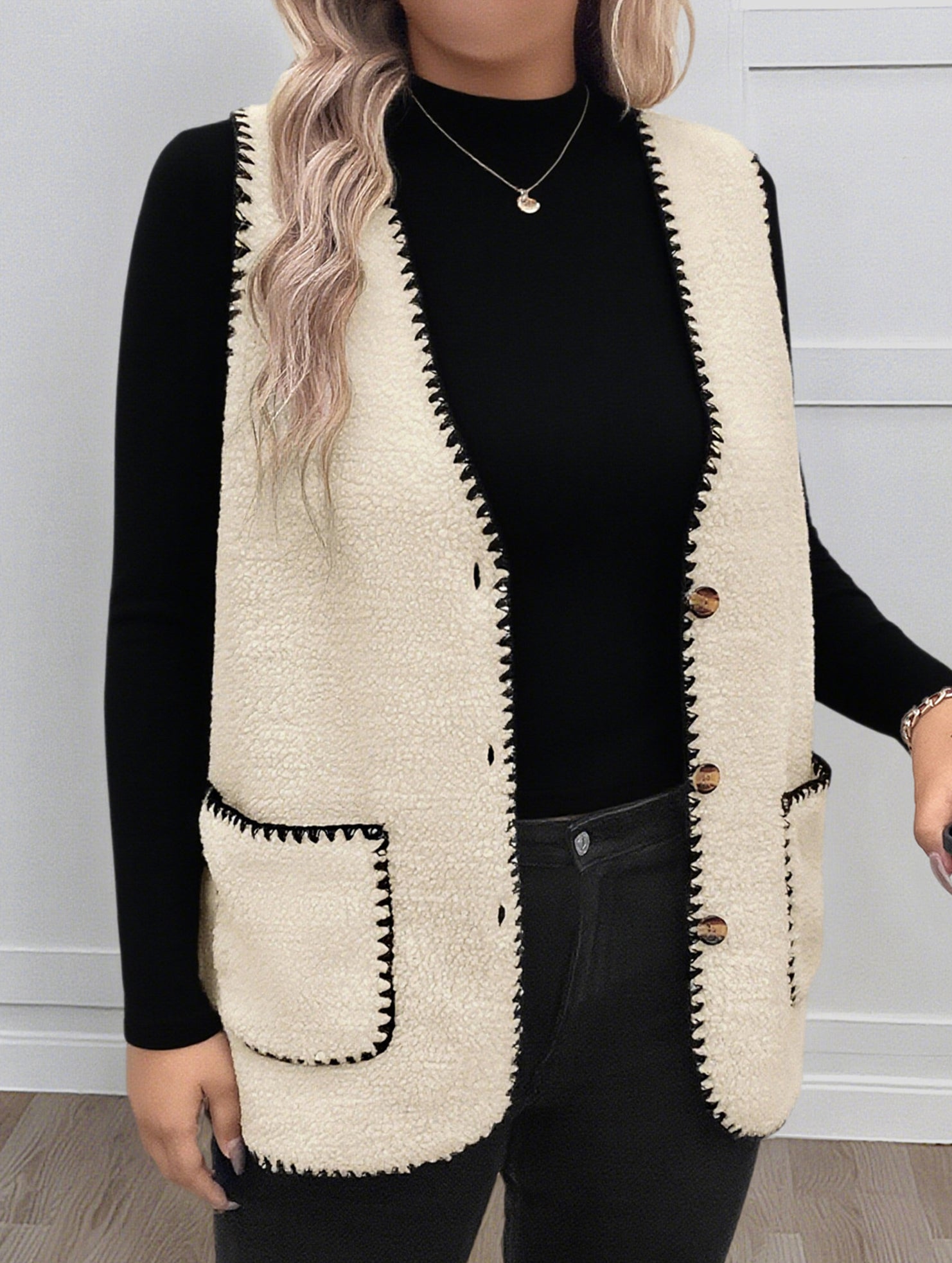 V Neck Loose Teddy Fleece Vest for Women_CWOV00335