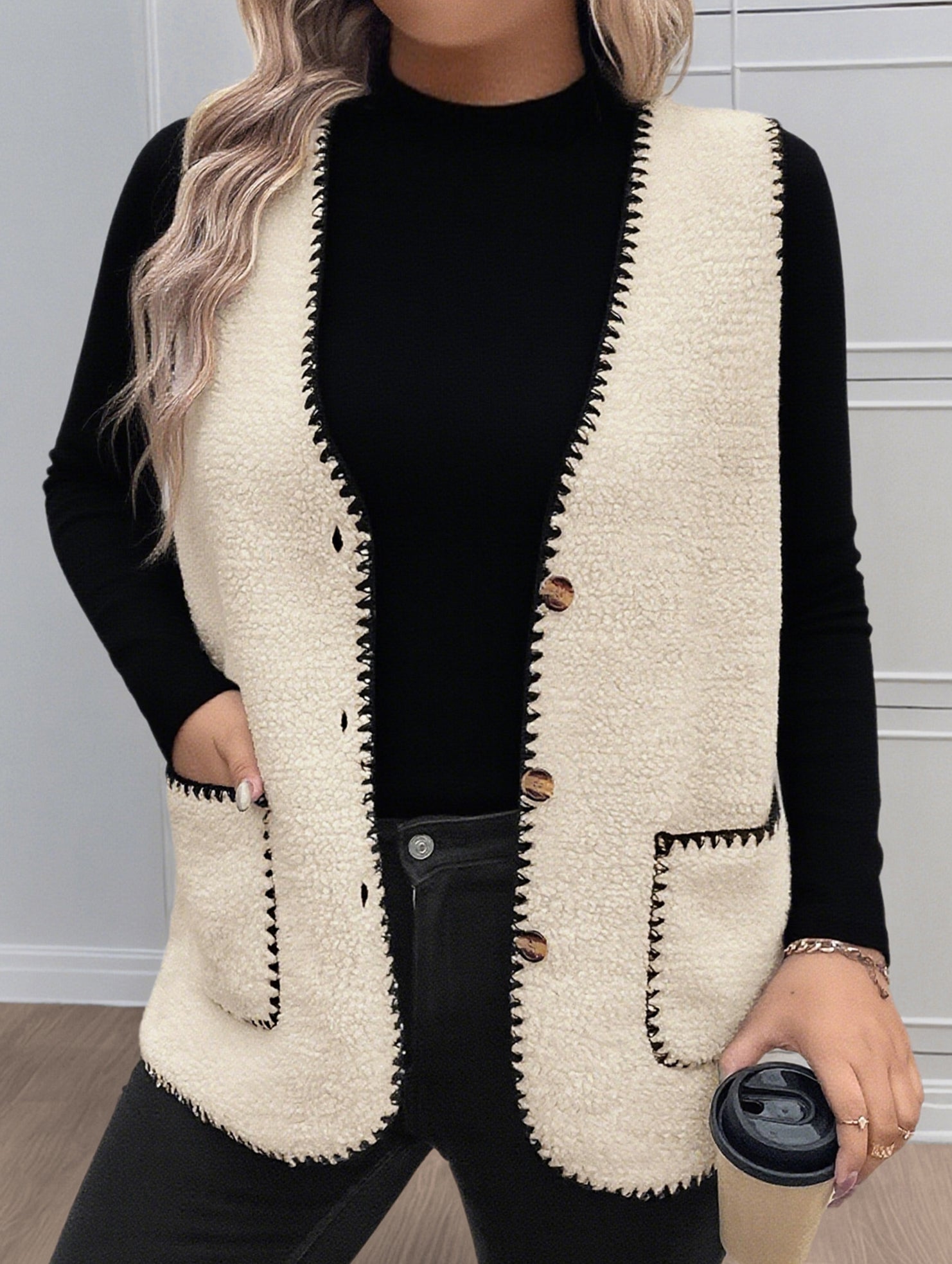 V Neck Loose Teddy Fleece Vest for Women_CWOV00335