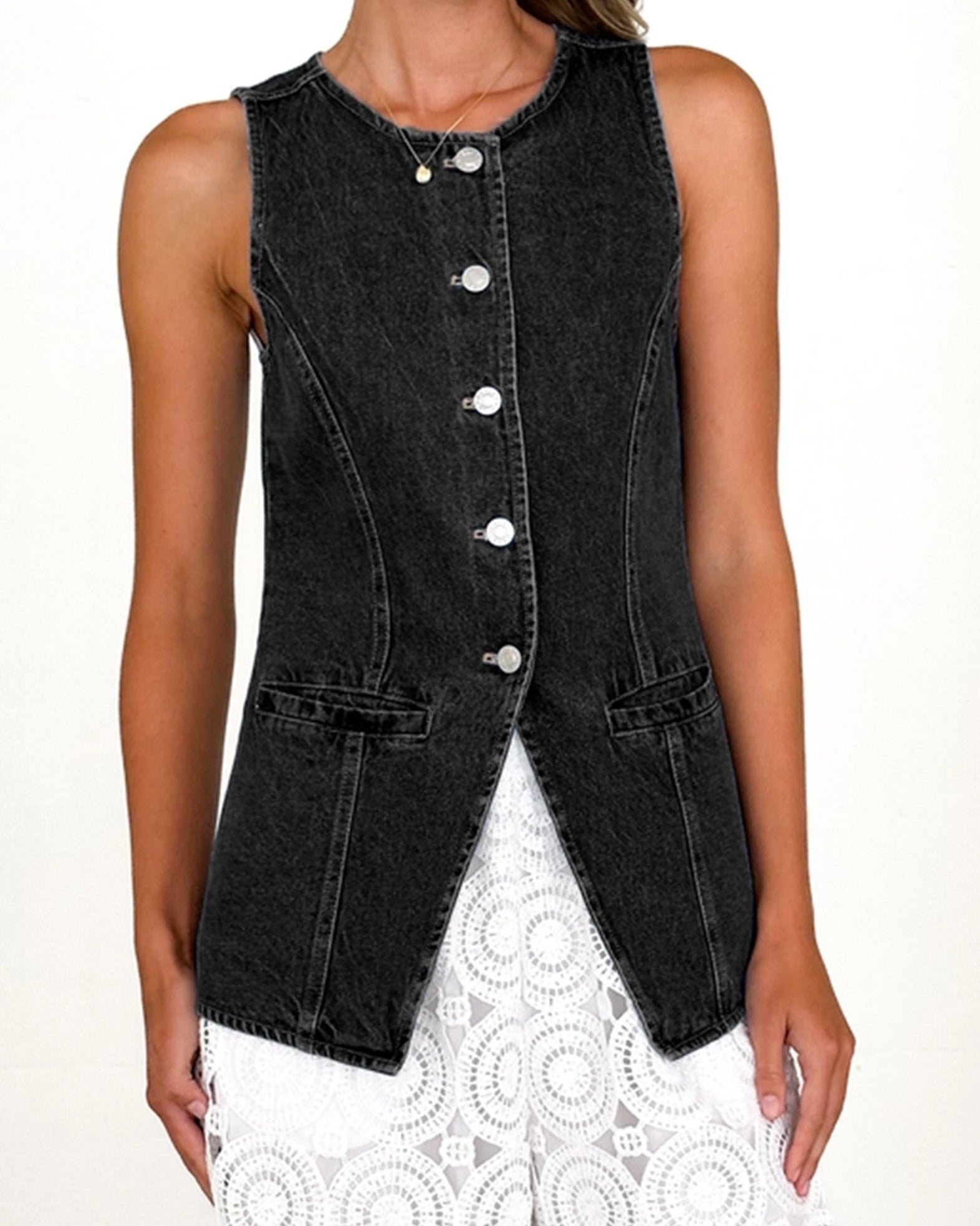Retro Round-Neck Cinched Waist Denim Vest – Classic Denim Outerwear for Women