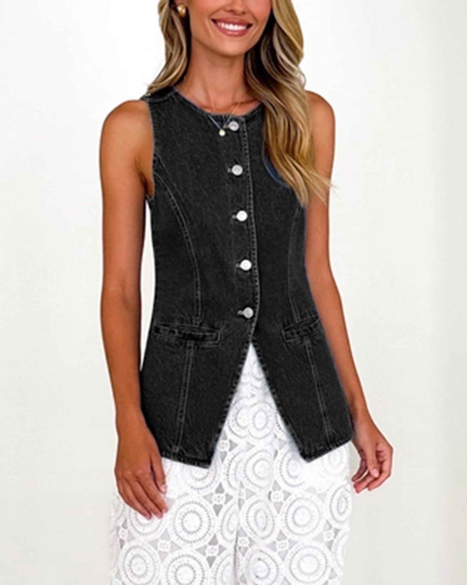 Retro Round-Neck Cinched Waist Denim Vest – Classic Denim Outerwear for Women