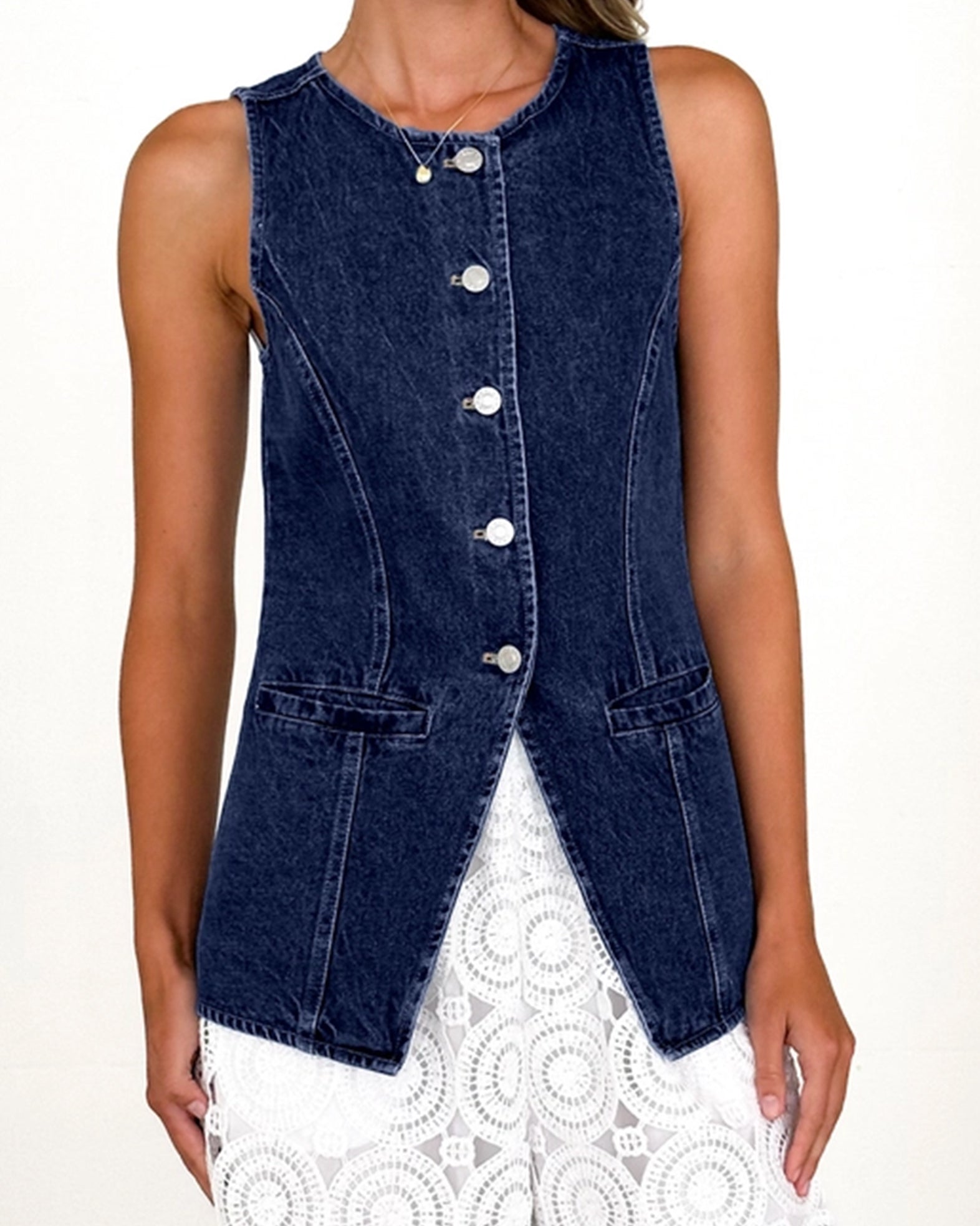 Retro Round-Neck Cinched Waist Denim Vest – Classic Denim Outerwear for Women