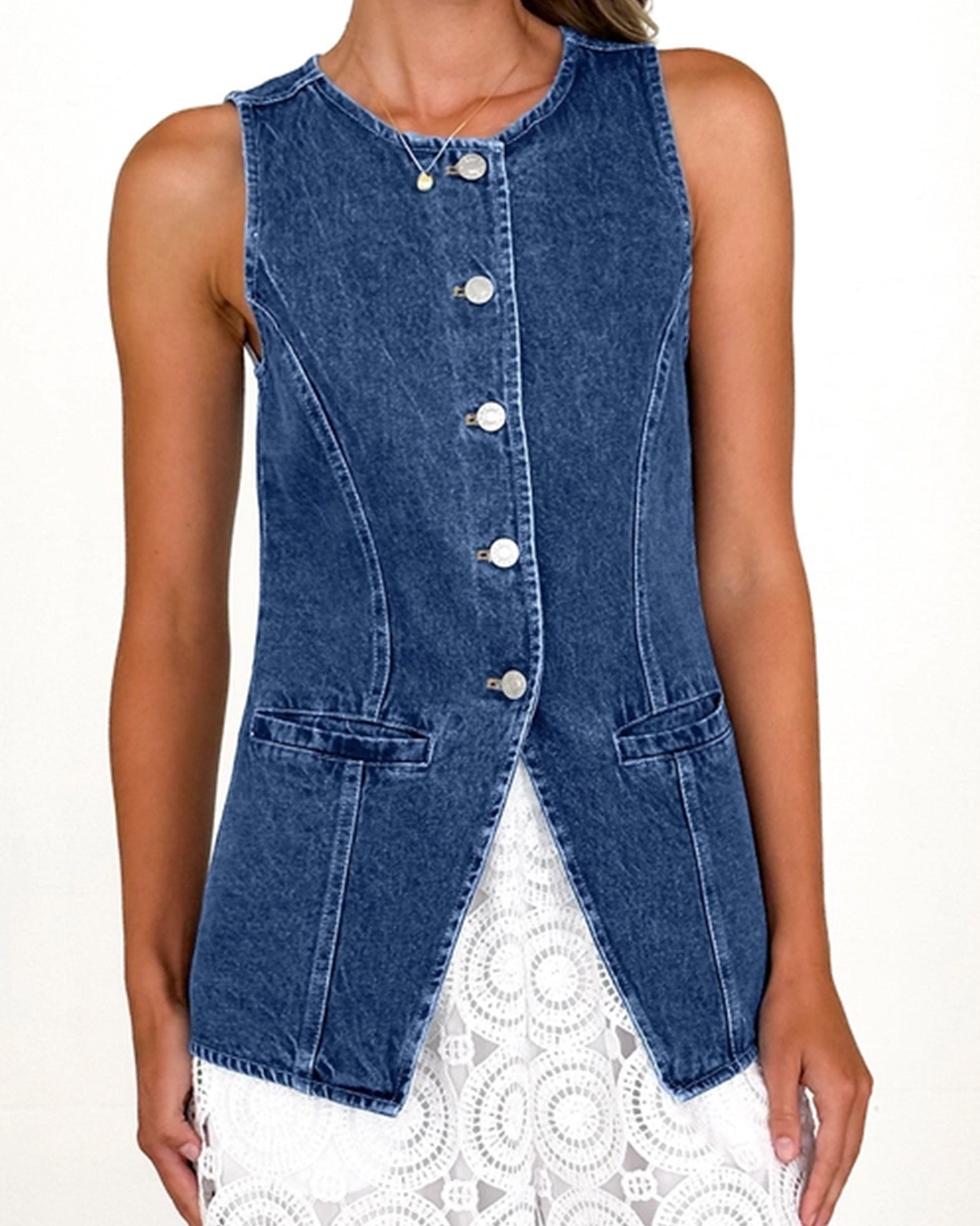 Retro Round-Neck Cinched Waist Denim Vest – Classic Denim Outerwear for Women