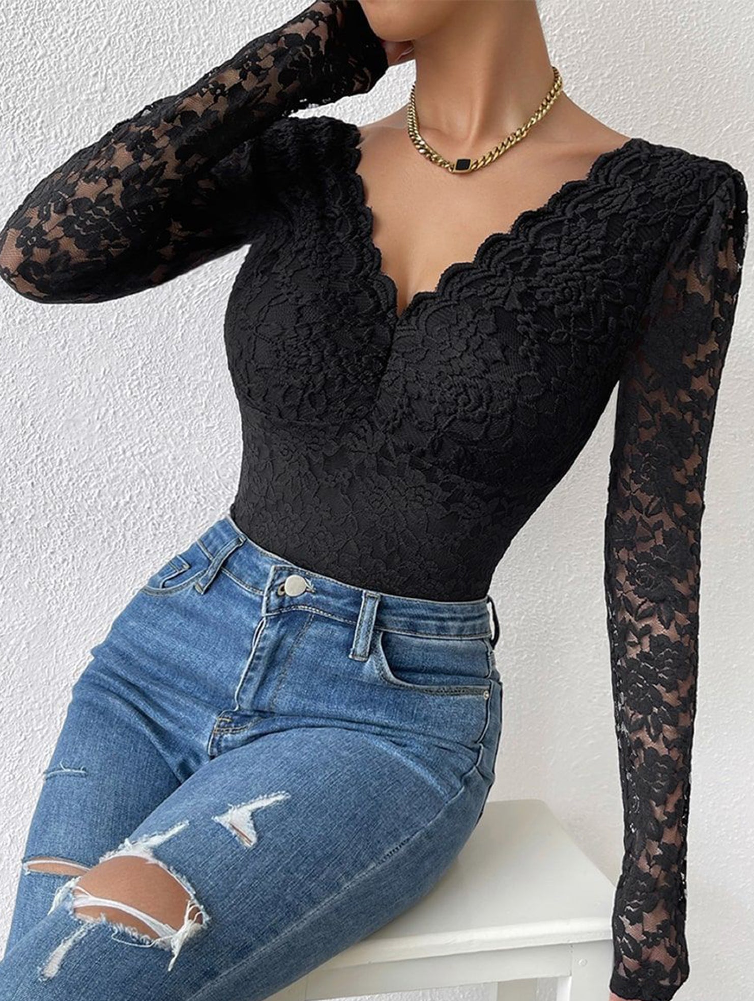 LACE LONG SLEEVE HOT GIRL SEE-THROUGH SLIM BODYSUIT